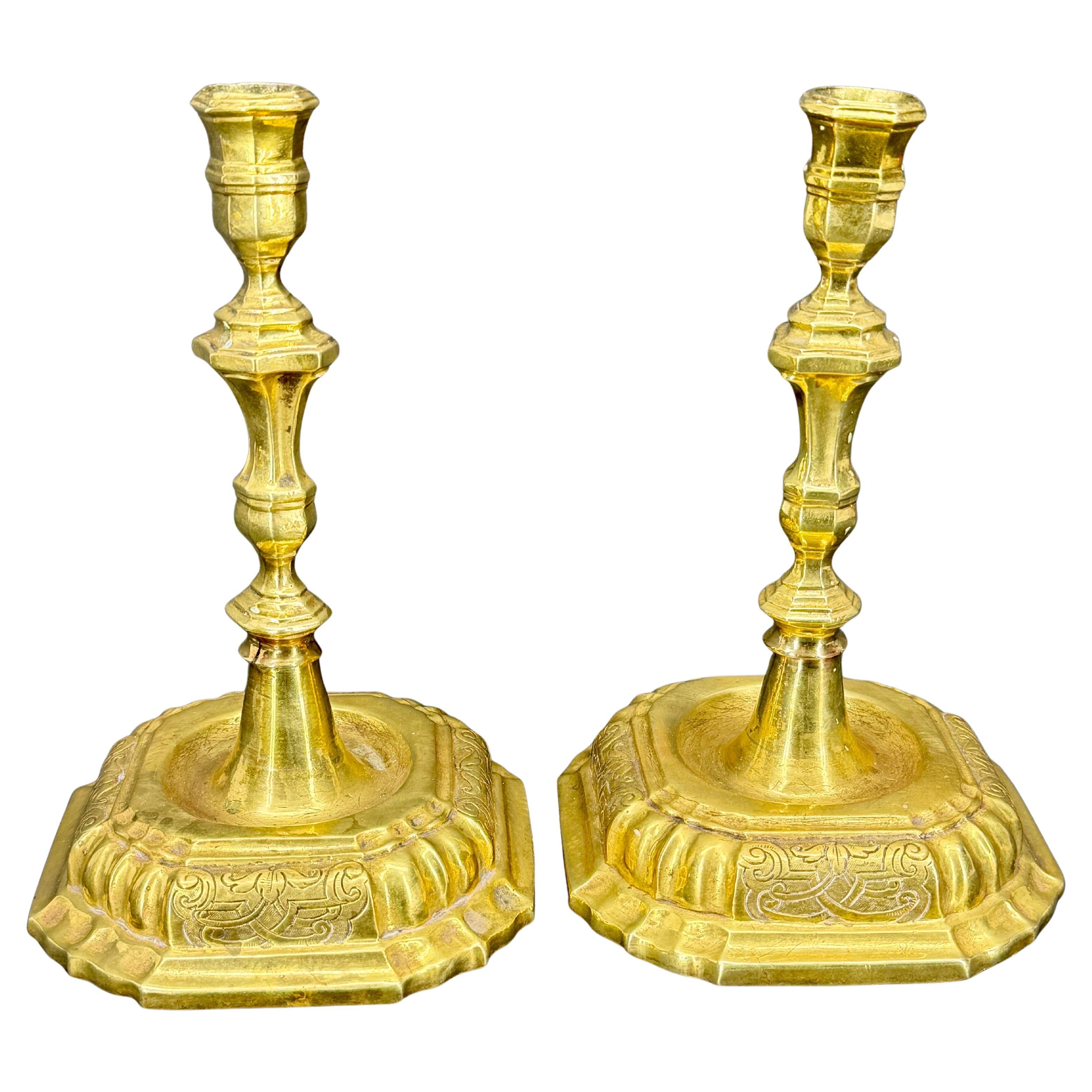 Pair of French 18th Century Régence Brass Candlesticks