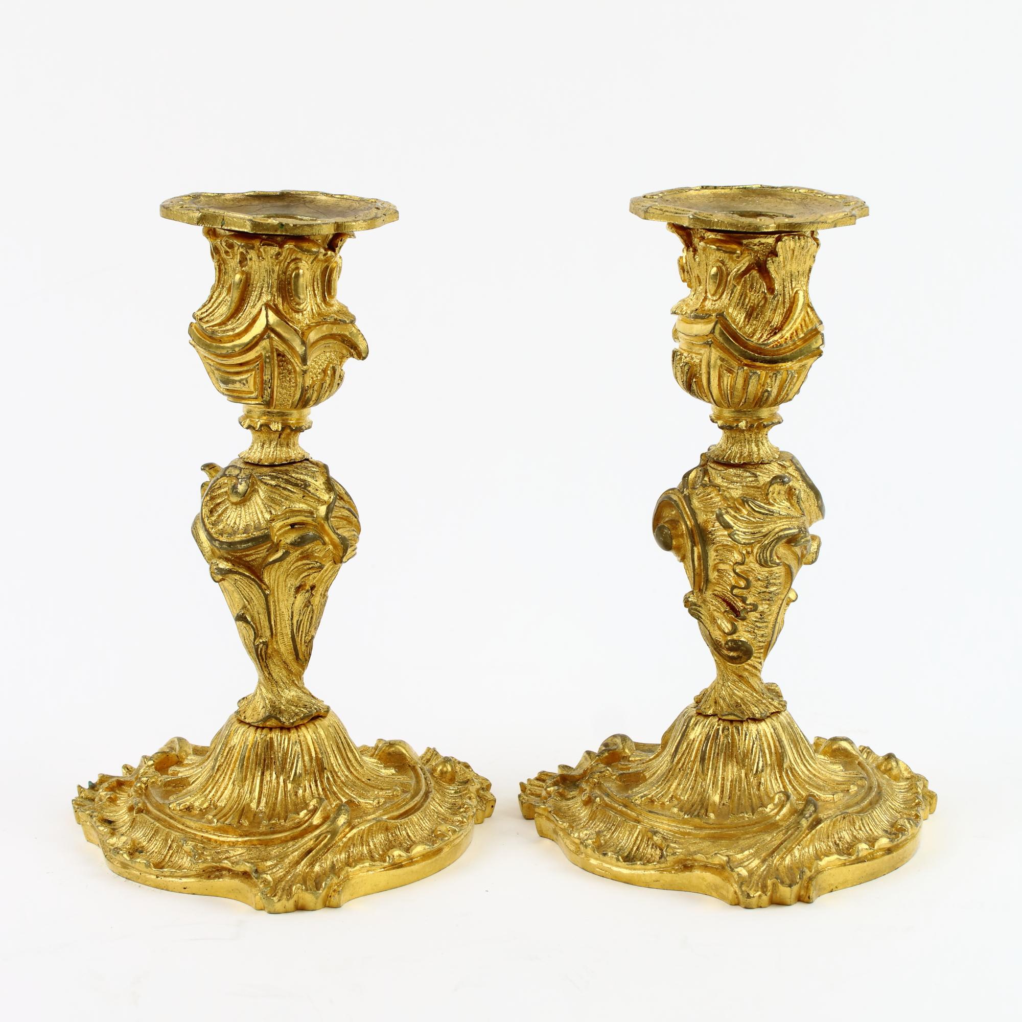 Pair of French 18th Century Small Louis XV Gilt Bronze Candlesticks In Good Condition In Berlin, DE