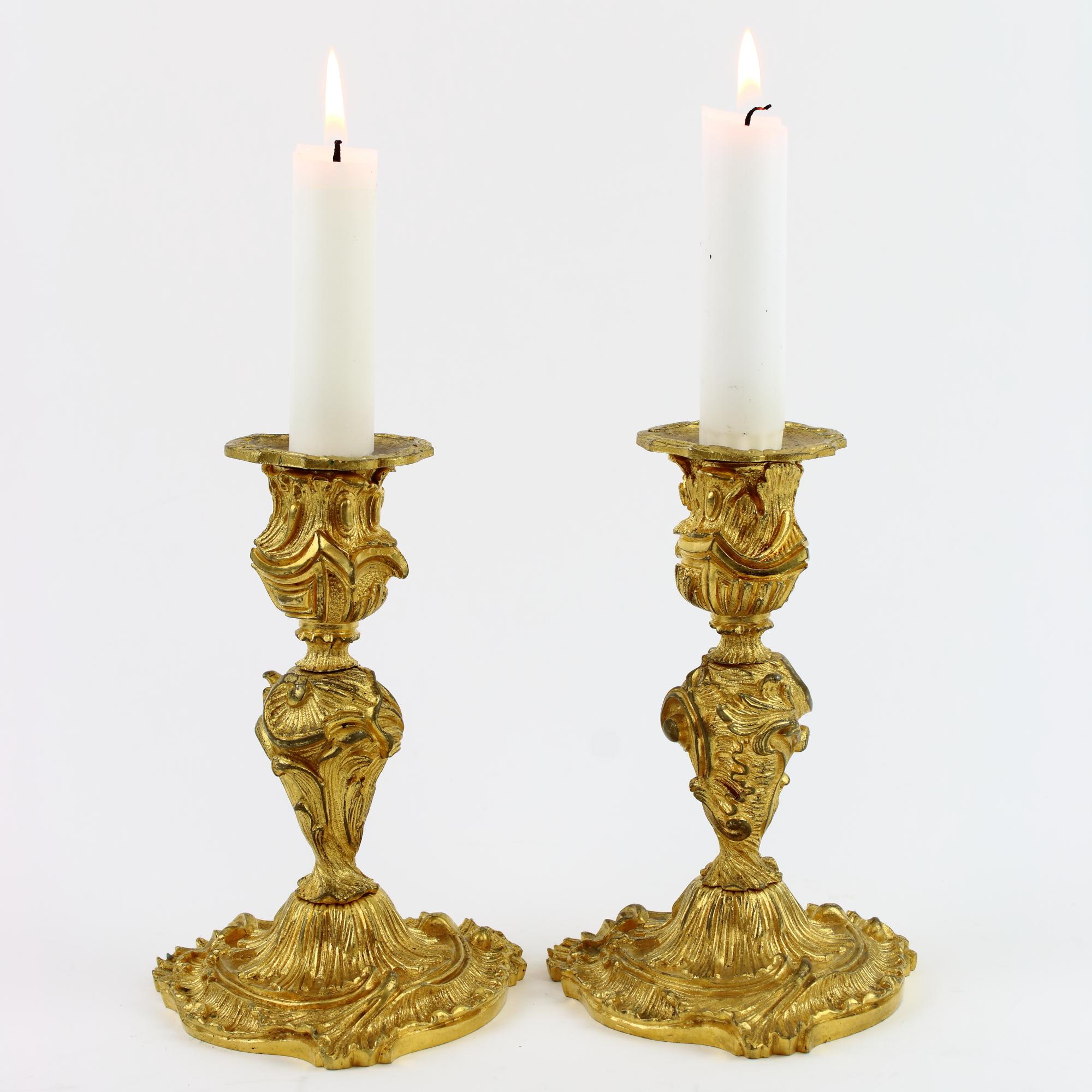 Pair of French 18th Century Small Louis XV Gilt Bronze Candlesticks 1