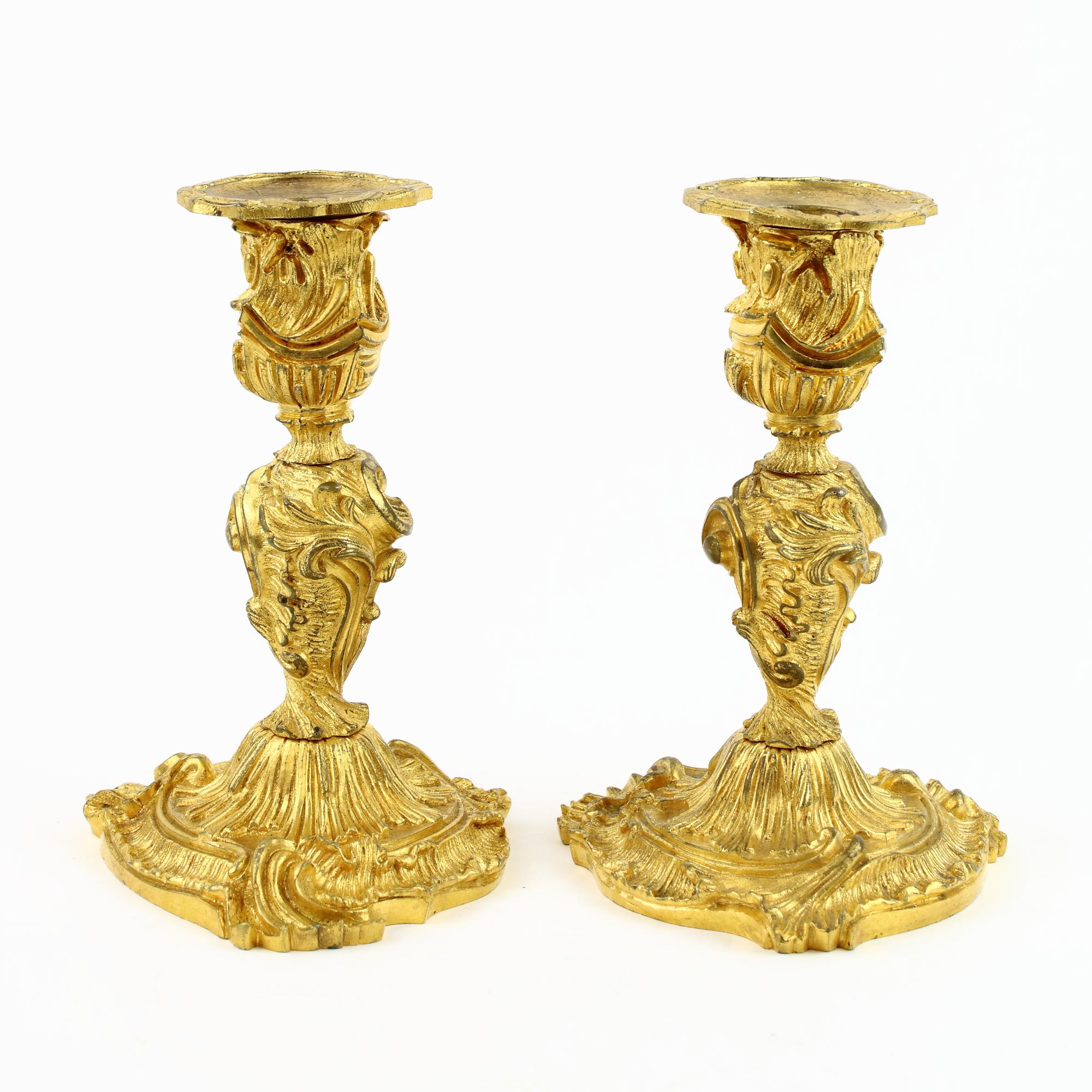 Pair of French 18th Century Small Louis XV Gilt Bronze Candlesticks 4