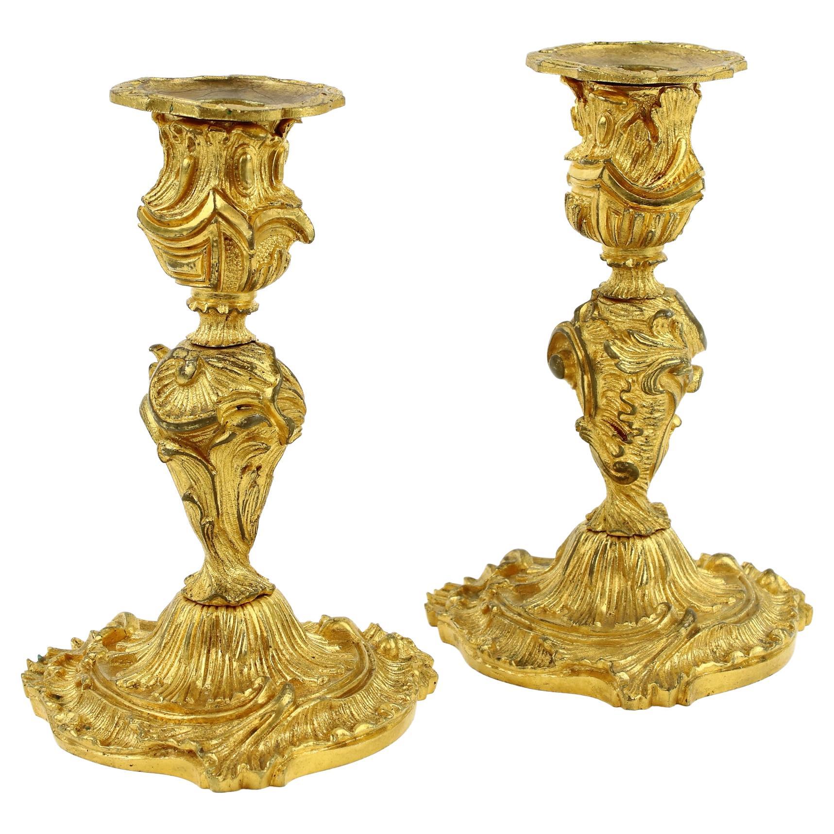 Pair of French 18th Century Small Louis XV Gilt Bronze Candlesticks