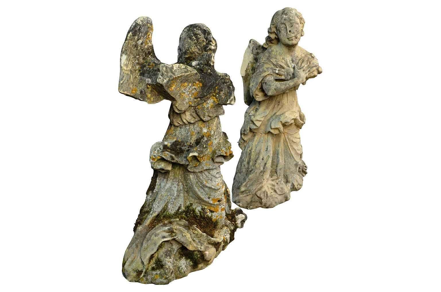 Pair of French 18th Century Stone Angels In Good Condition In Atlanta, GA