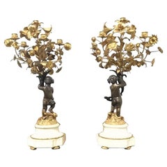 Antique Pair of French 19 Century Cast Bronze Putti 'Cherub' Candelabras