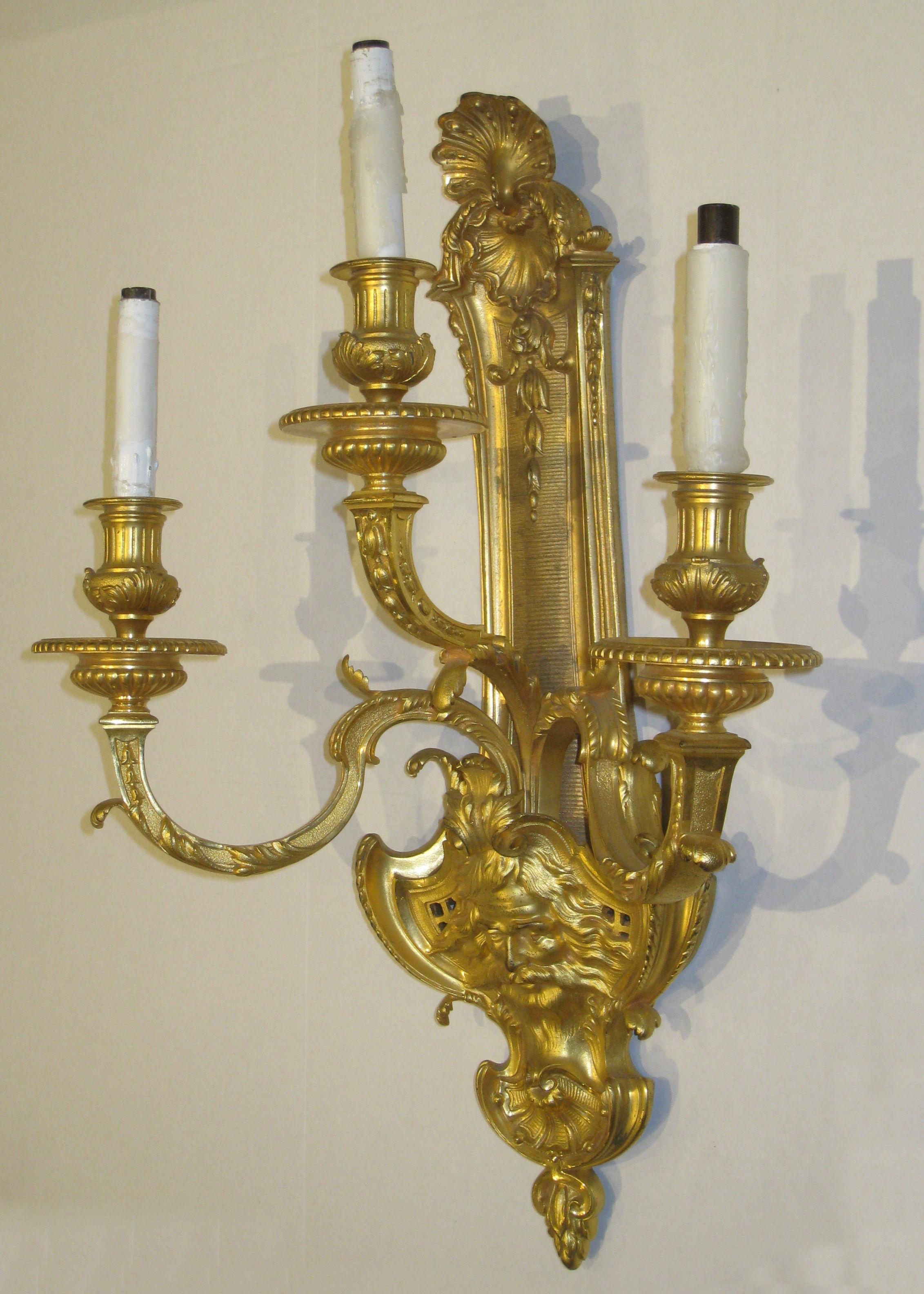 Pair of French 19th Century Louis XV Style Gilt Bronze 3-Light Sconces 7