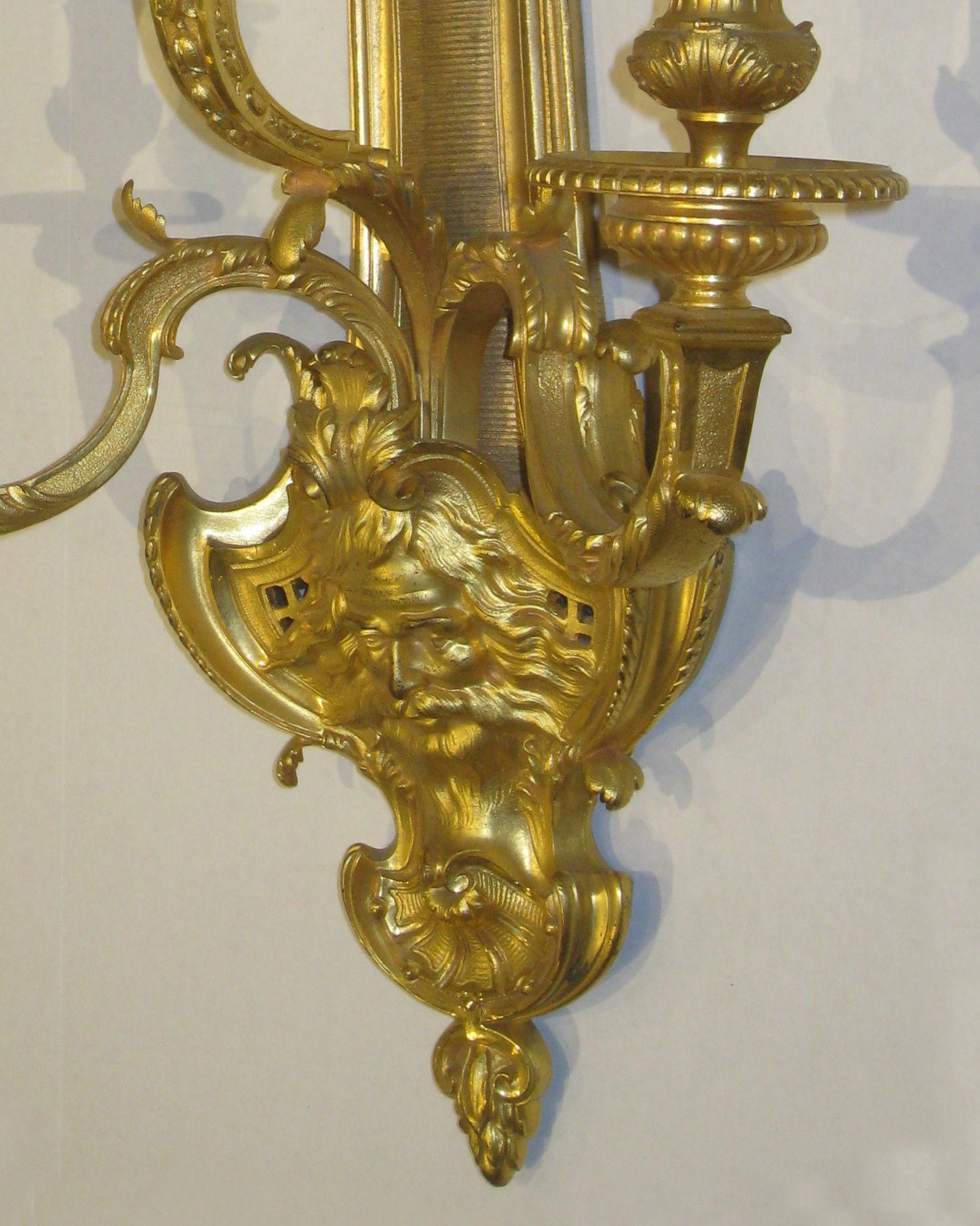 Pair of French 19th Century Louis XV Style Gilt Bronze 3-Light Sconces 8