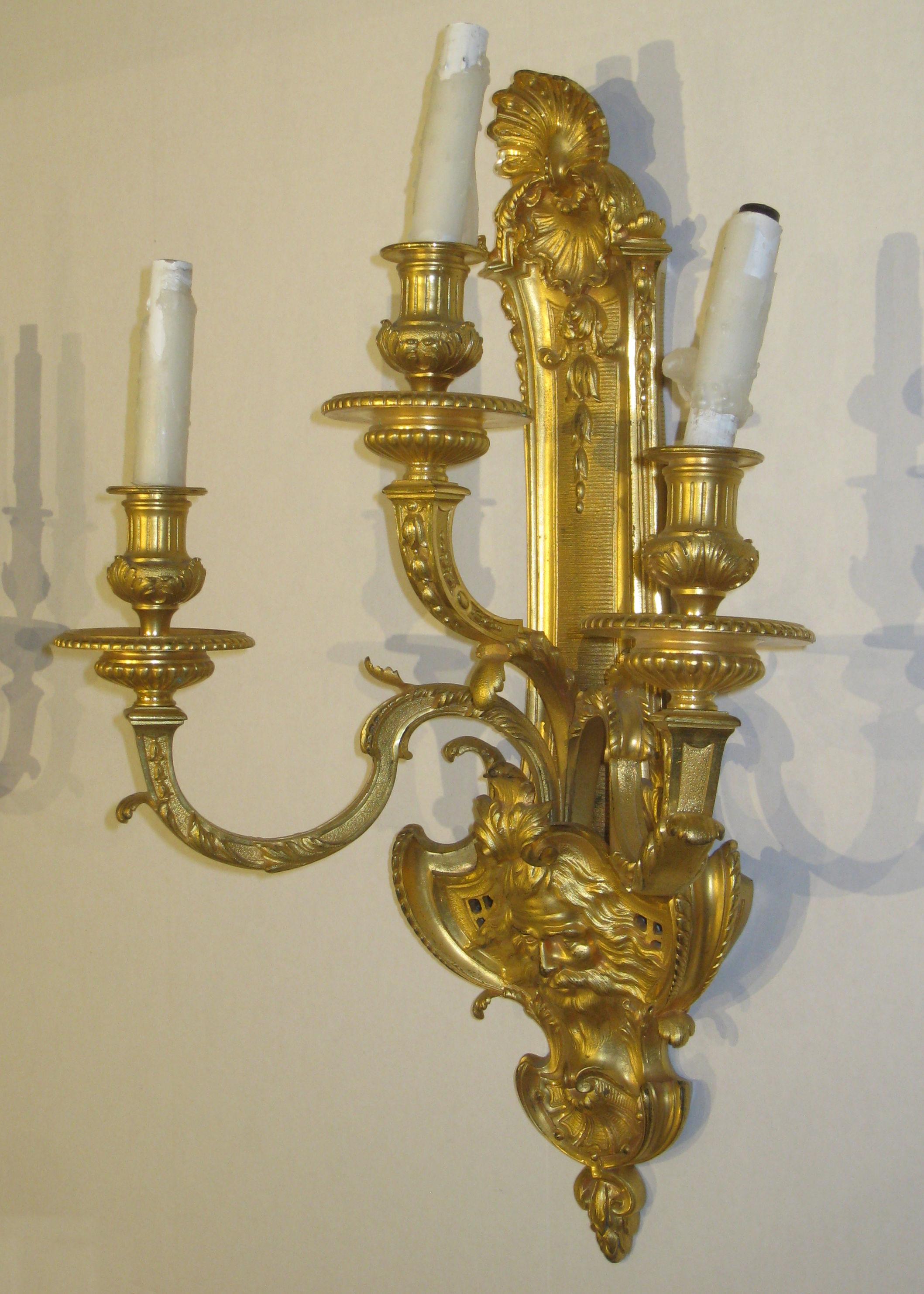 Pair of French 19th Century Louis XV Style Gilt Bronze 3-Light Sconces 10