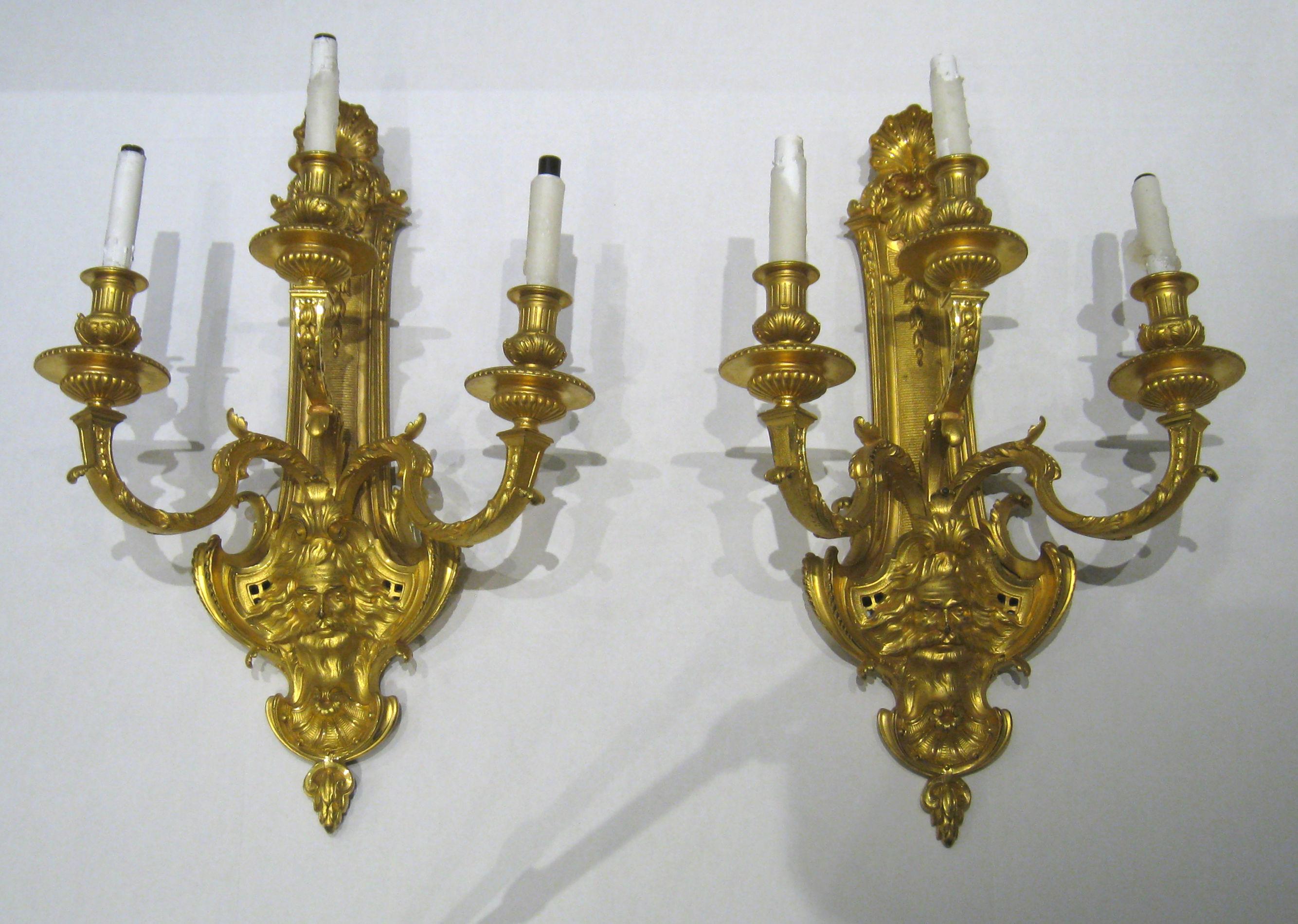 Pair of French 19th Century Louis XV Style Gilt Bronze 3-Light Sconces In Good Condition In New York, NY