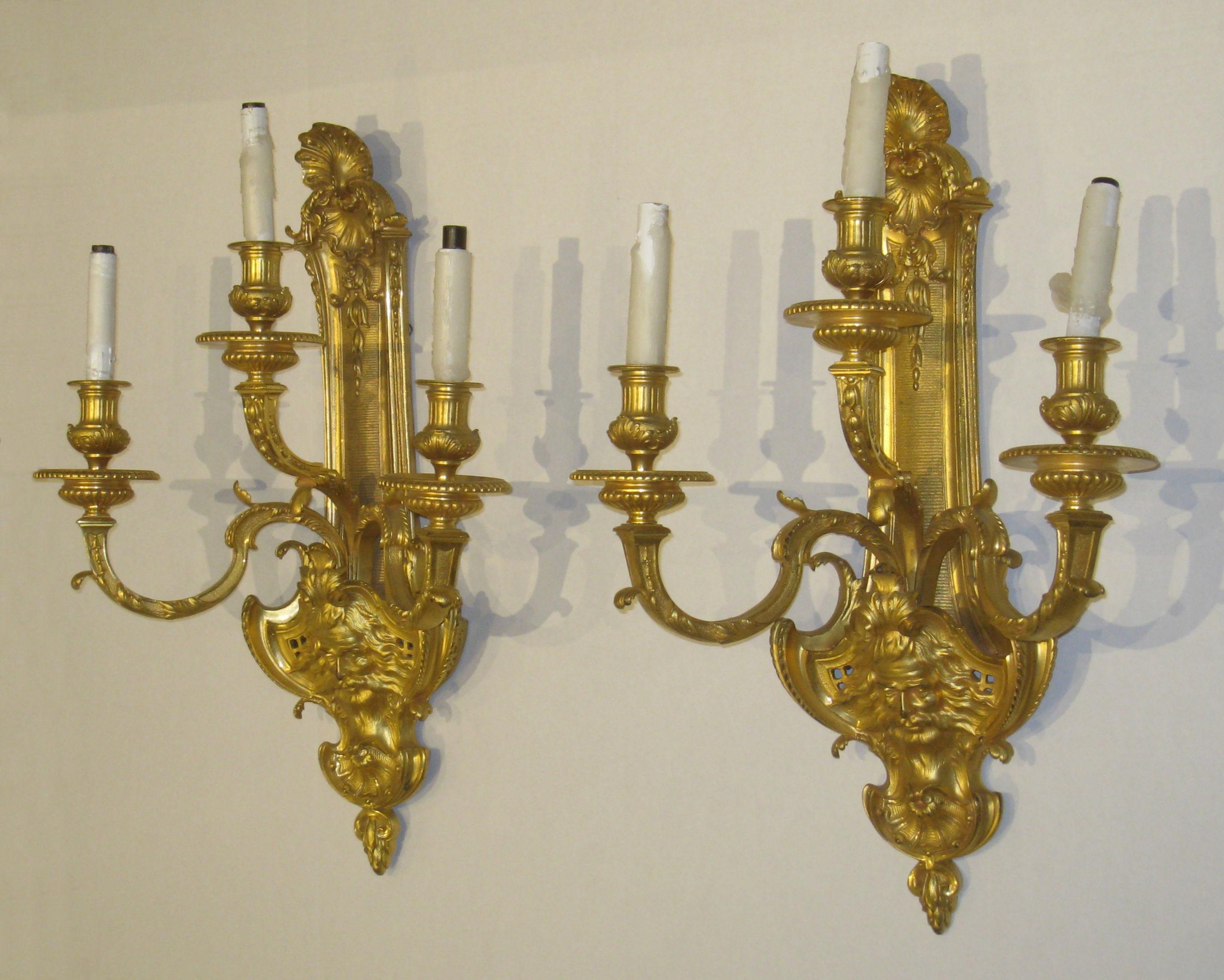 Pair of French 19th Century Louis XV Style Gilt Bronze 3-Light Sconces 1