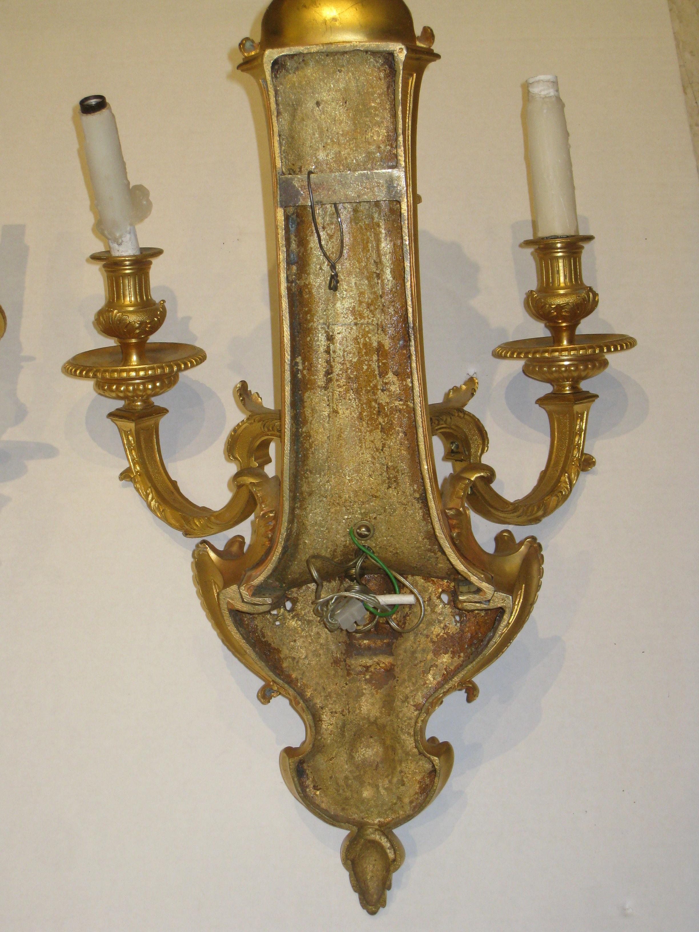 Pair of French 19th Century Louis XV Style Gilt Bronze 3-Light Sconces 2