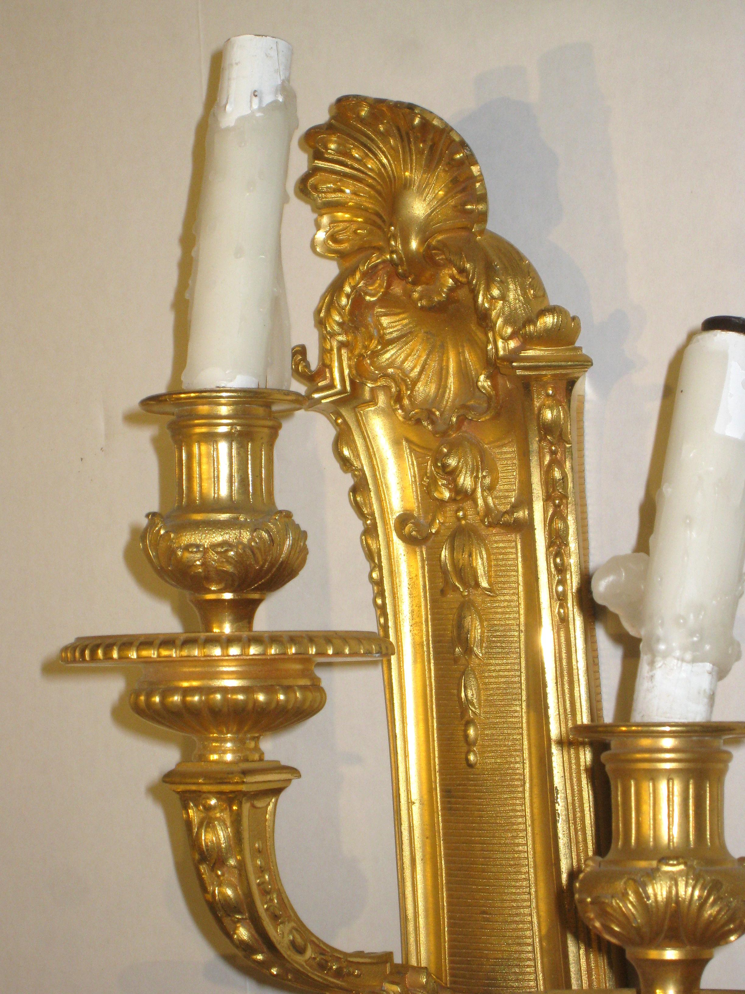 Pair of French 19th Century Louis XV Style Gilt Bronze 3-Light Sconces 3