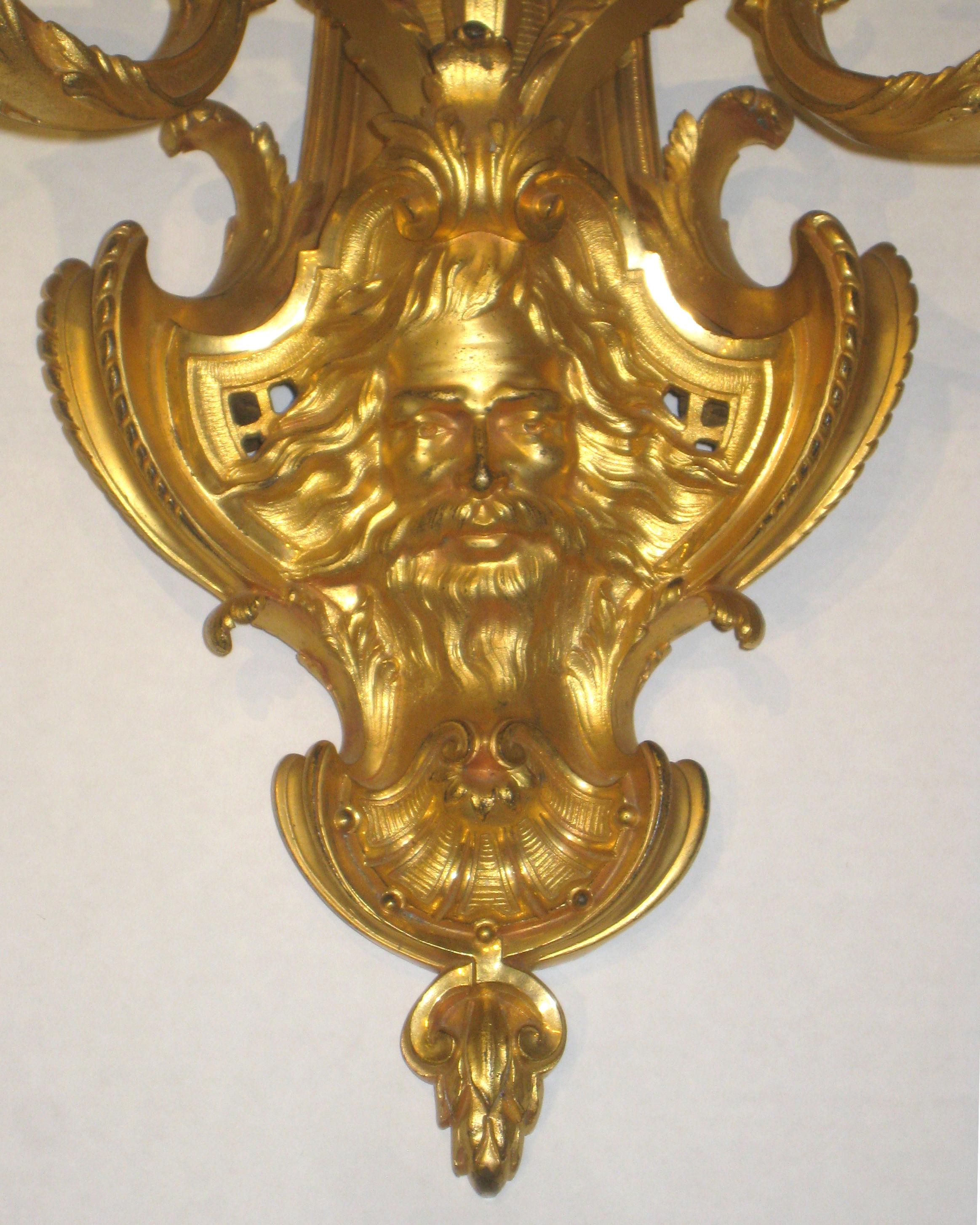 Pair of French 19th Century Louis XV Style Gilt Bronze 3-Light Sconces 4