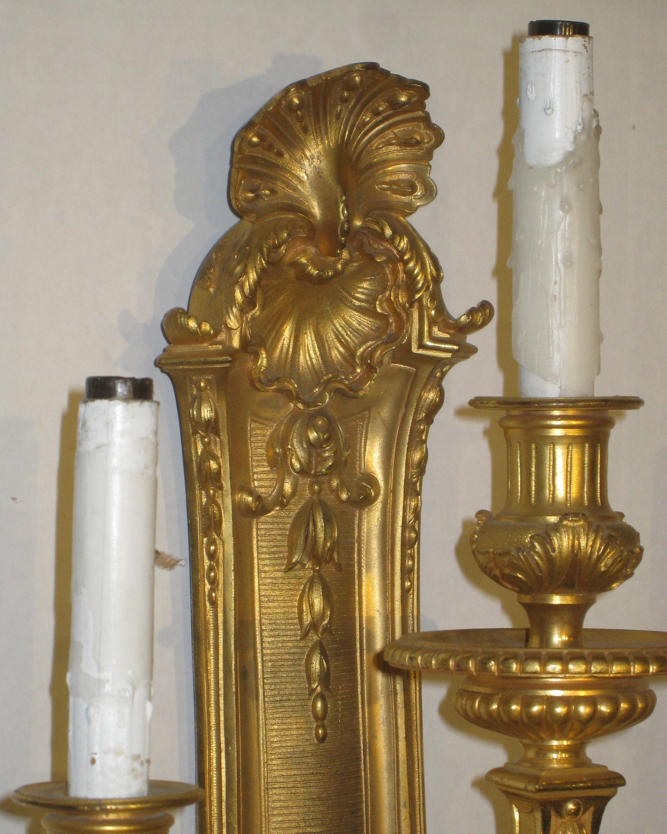 Pair of French 19th Century Louis XV Style Gilt Bronze 3-Light Sconces 5