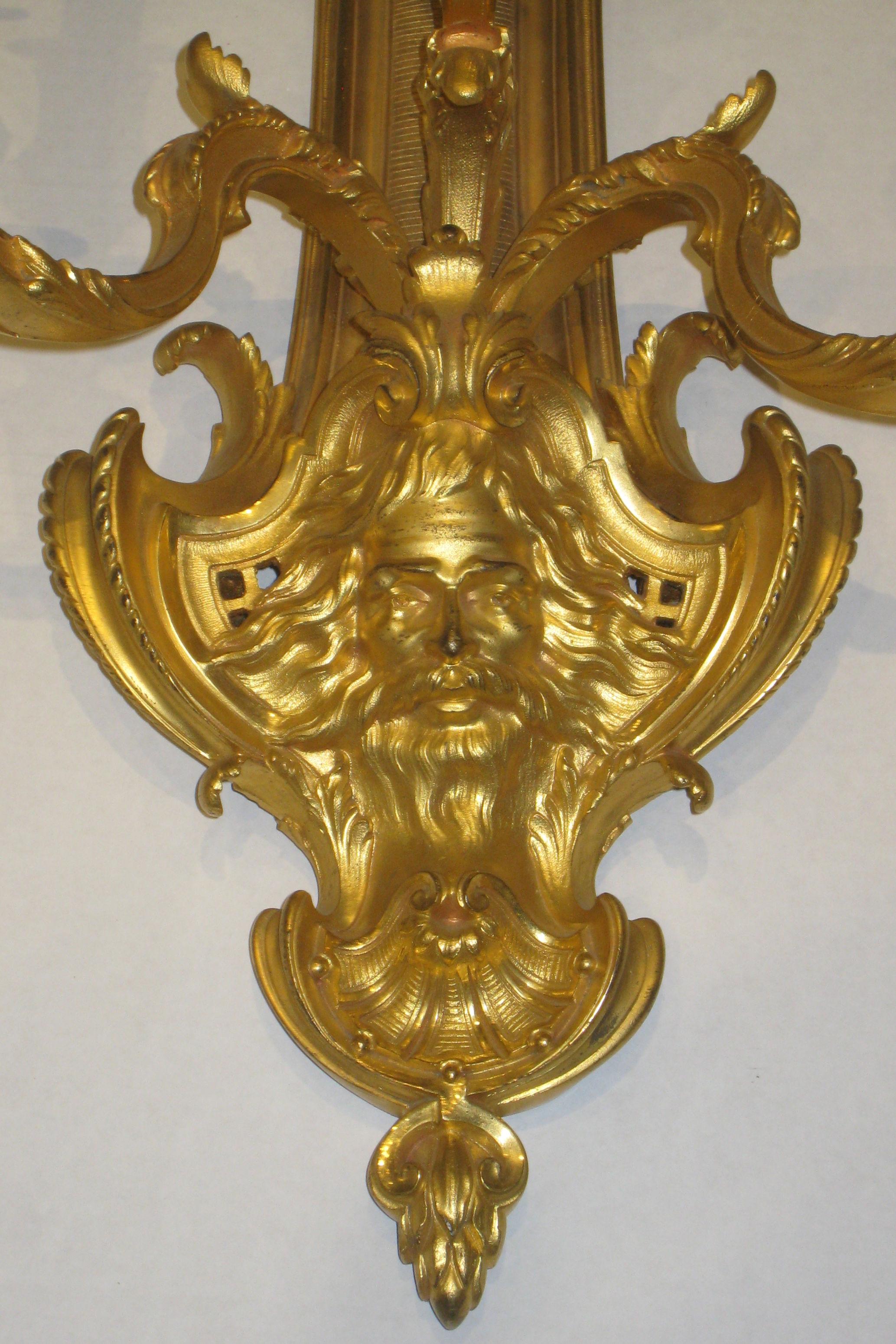Pair of French 19th Century Louis XV Style Gilt Bronze 3-Light Sconces 6