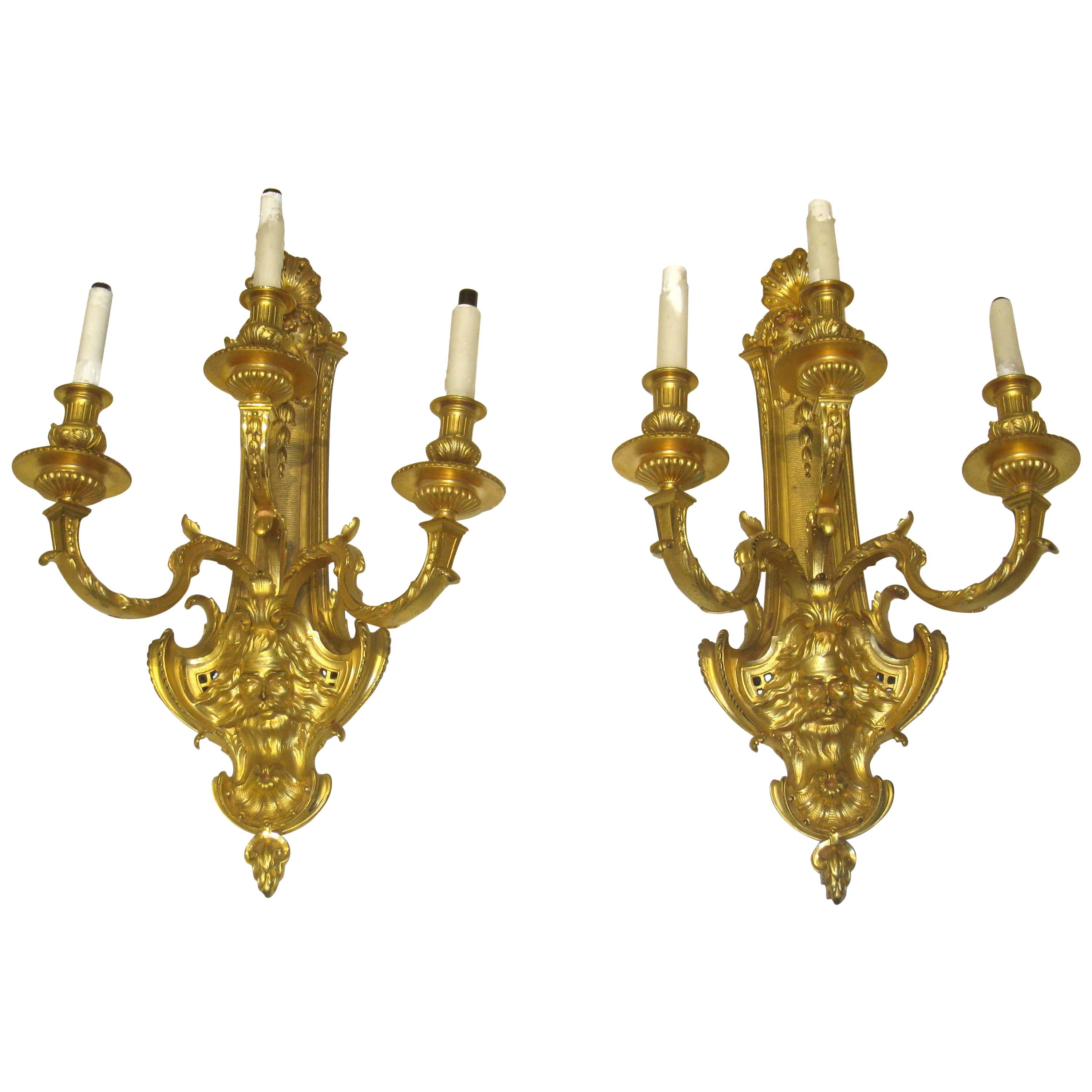 Pair of French 19th Century Louis XV Style Gilt Bronze 3-Light Sconces