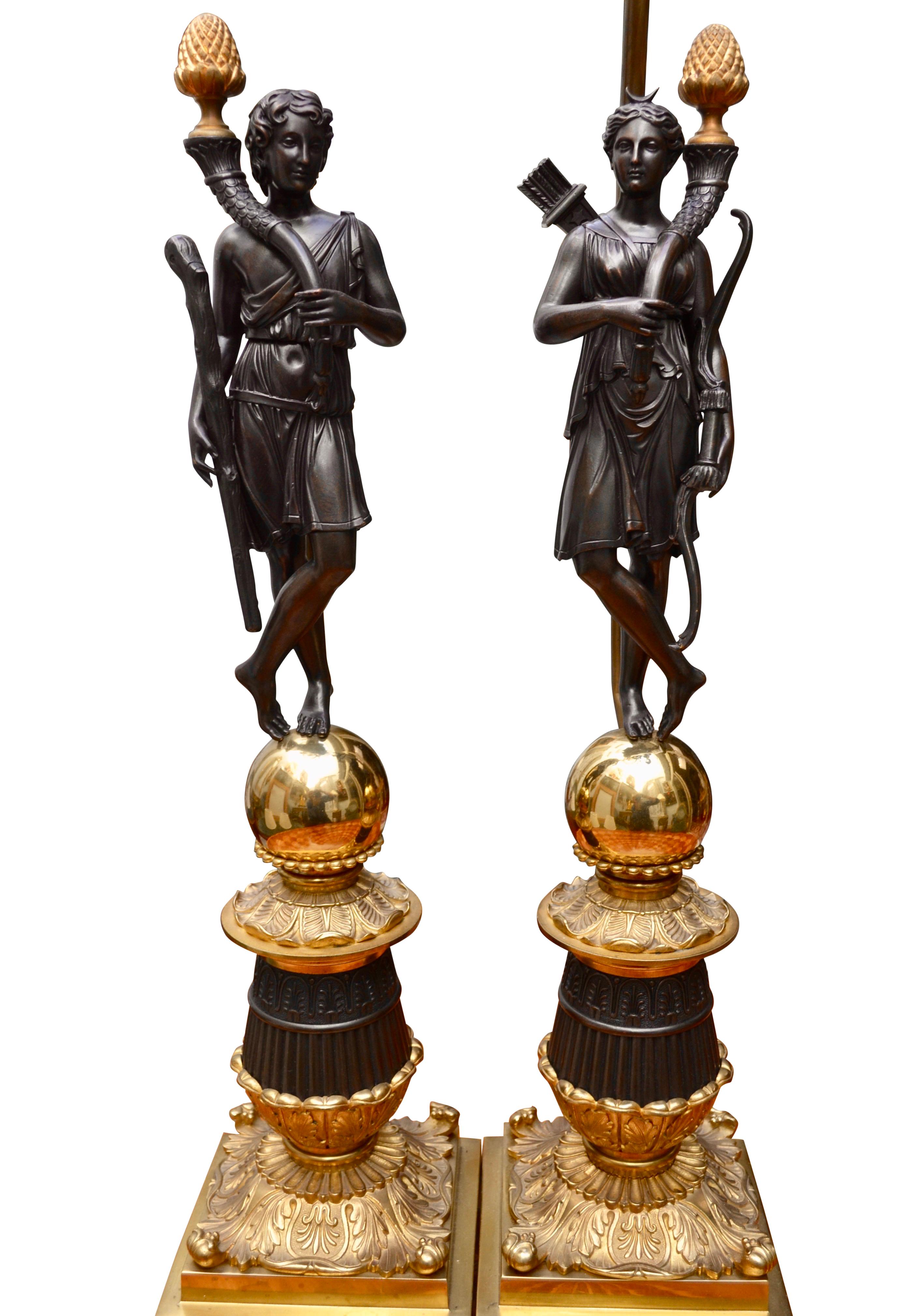 Gilt Pair of French 19 Century Neoclassical Figurative Bronze Lamps For Sale
