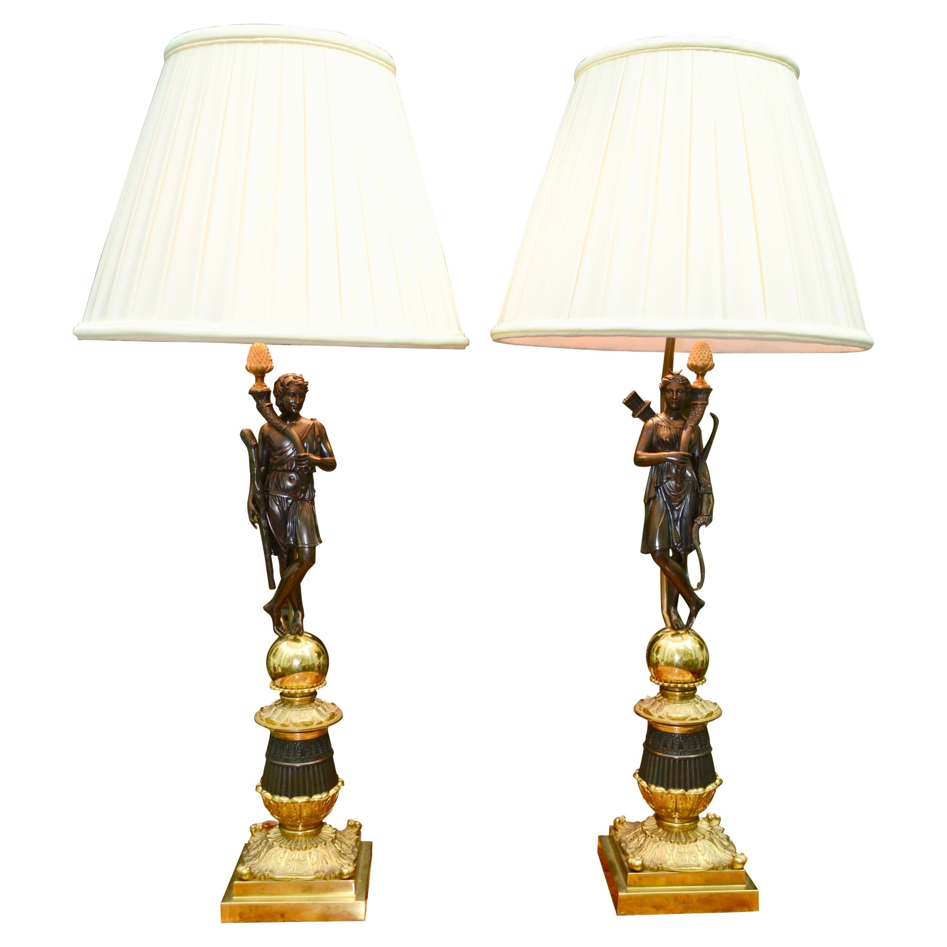 Pair of French 19 Century Neoclassical Figurative Bronze Lamps For Sale