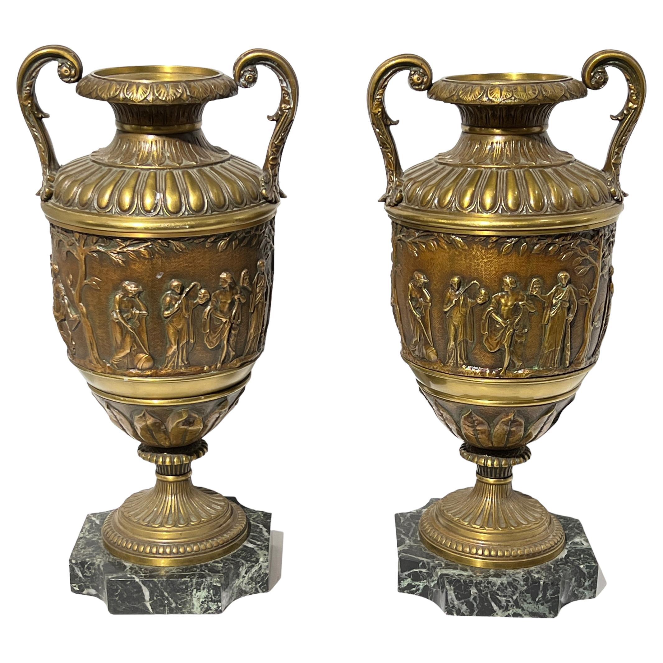 Pair of French 19 century Neoclassical  Style Bronze and Marble Vases For Sale