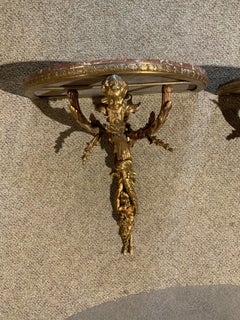 Pair of French 19th C. Bronze Dore and Rouge Marble Wall Brackets with Cherubs