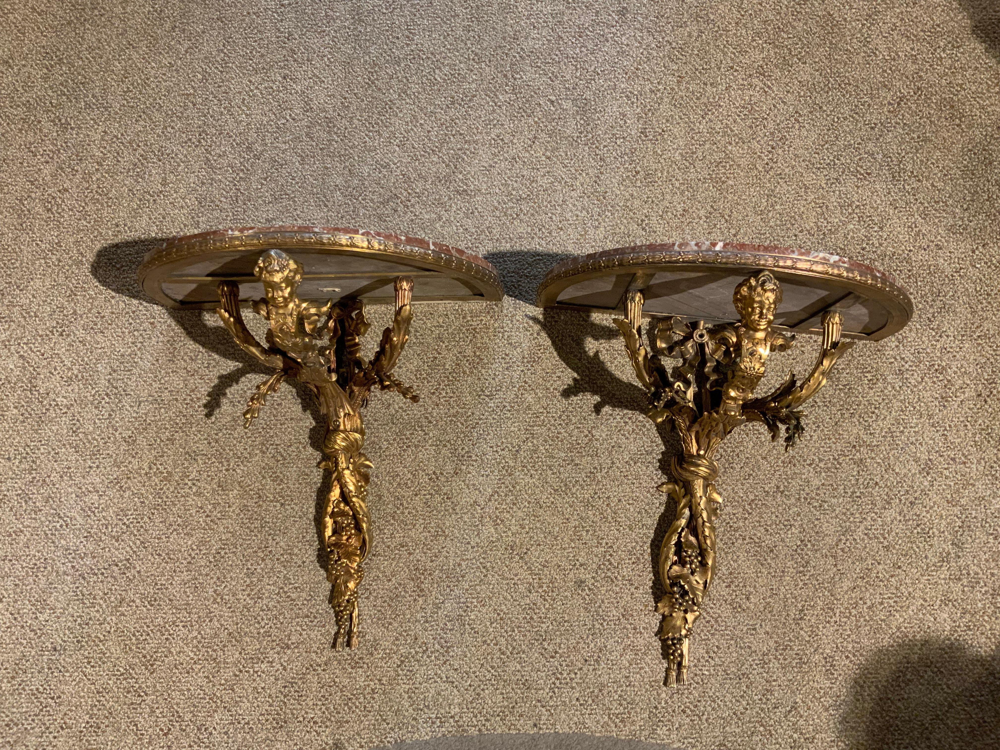 Pair of French 19th C. Bronze Dore and Rouge Marble Wall Brackets with Cherubs In Excellent Condition For Sale In Houston, TX