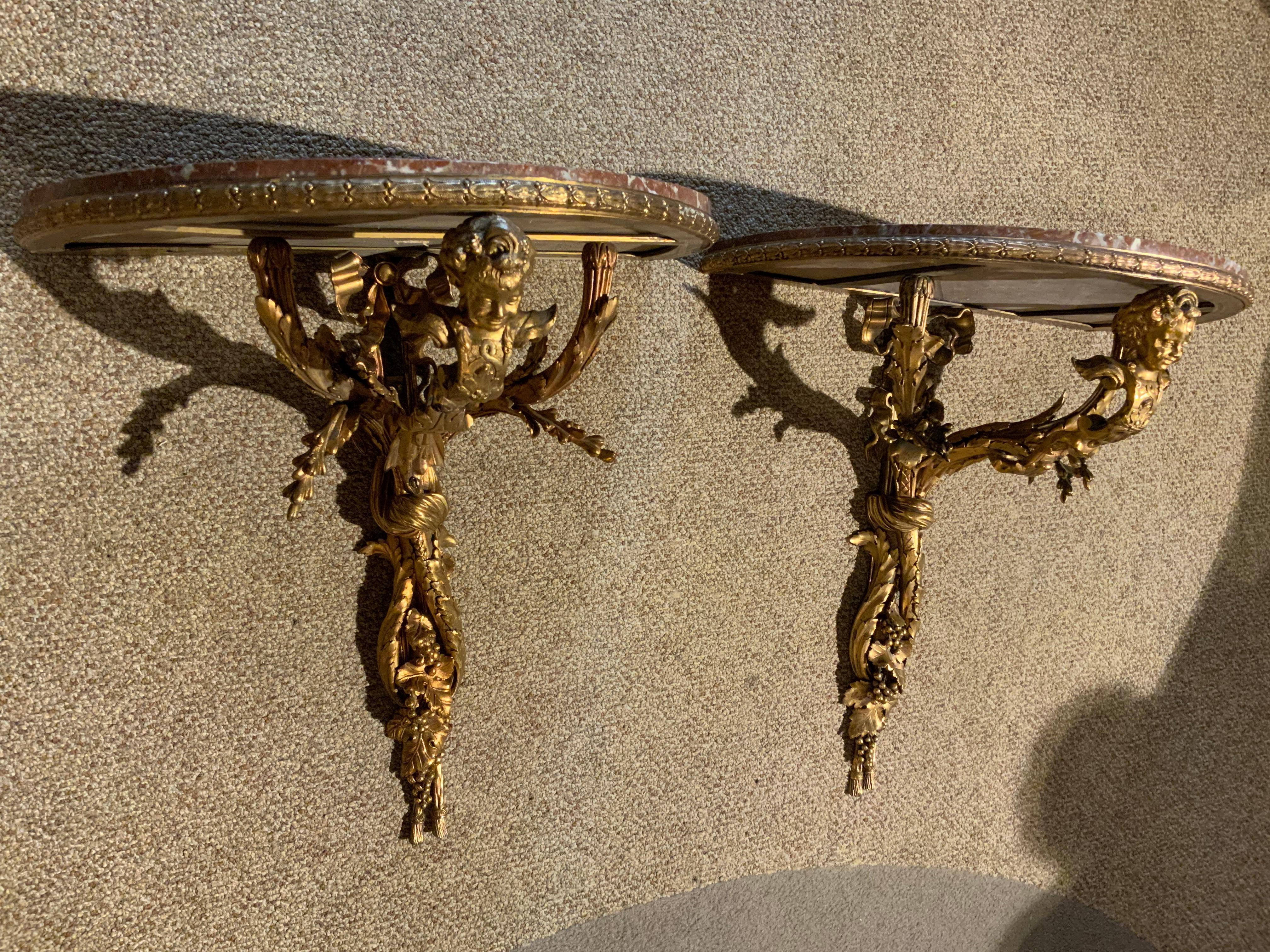 Pair of French 19th C. Bronze Dore and Rouge Marble Wall Brackets with Cherubs For Sale 2