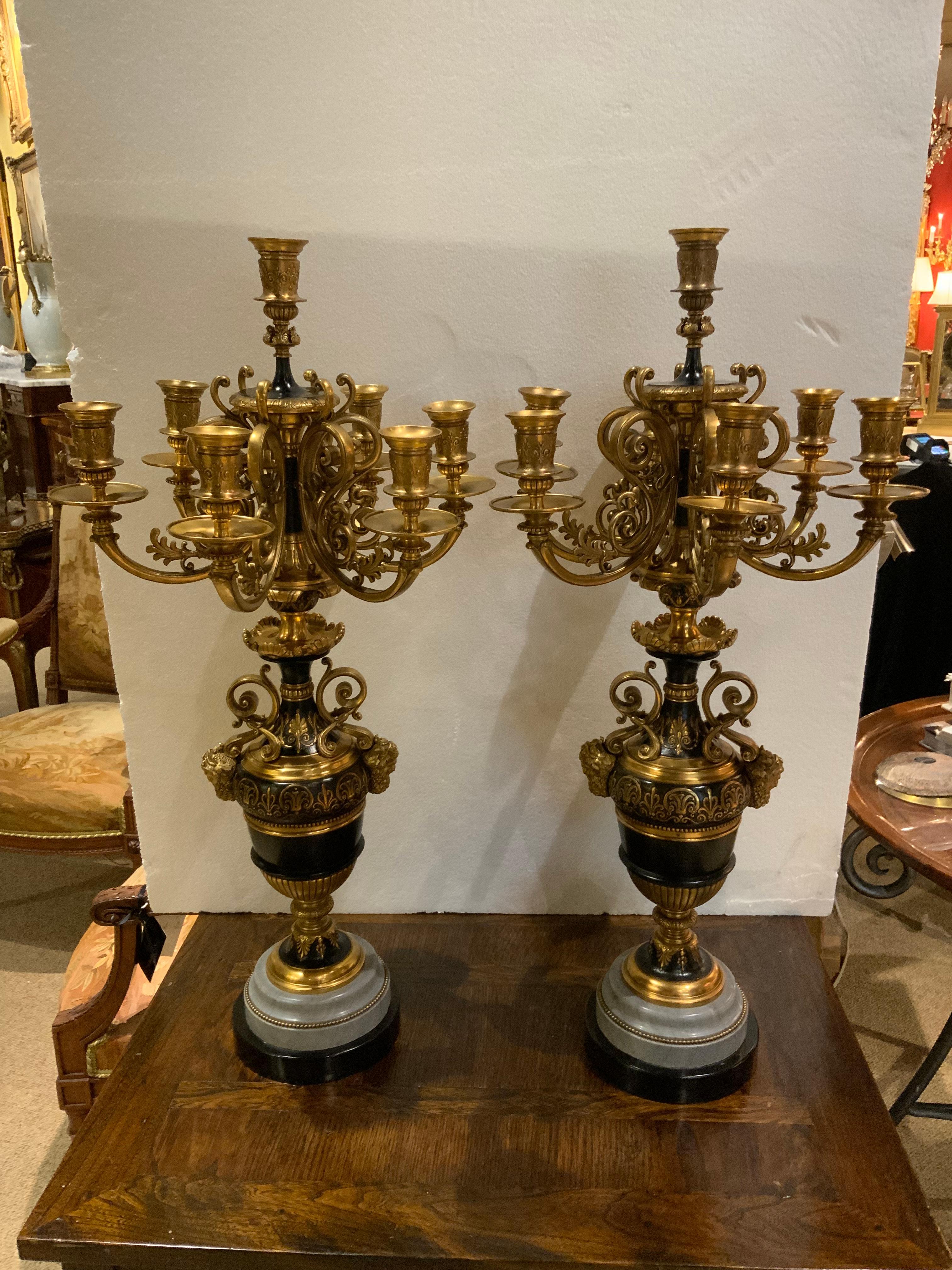 Pair of French 19th C. Candleabra Bronze Dore Et Patine, Marble and Black Base In Good Condition For Sale In Houston, TX