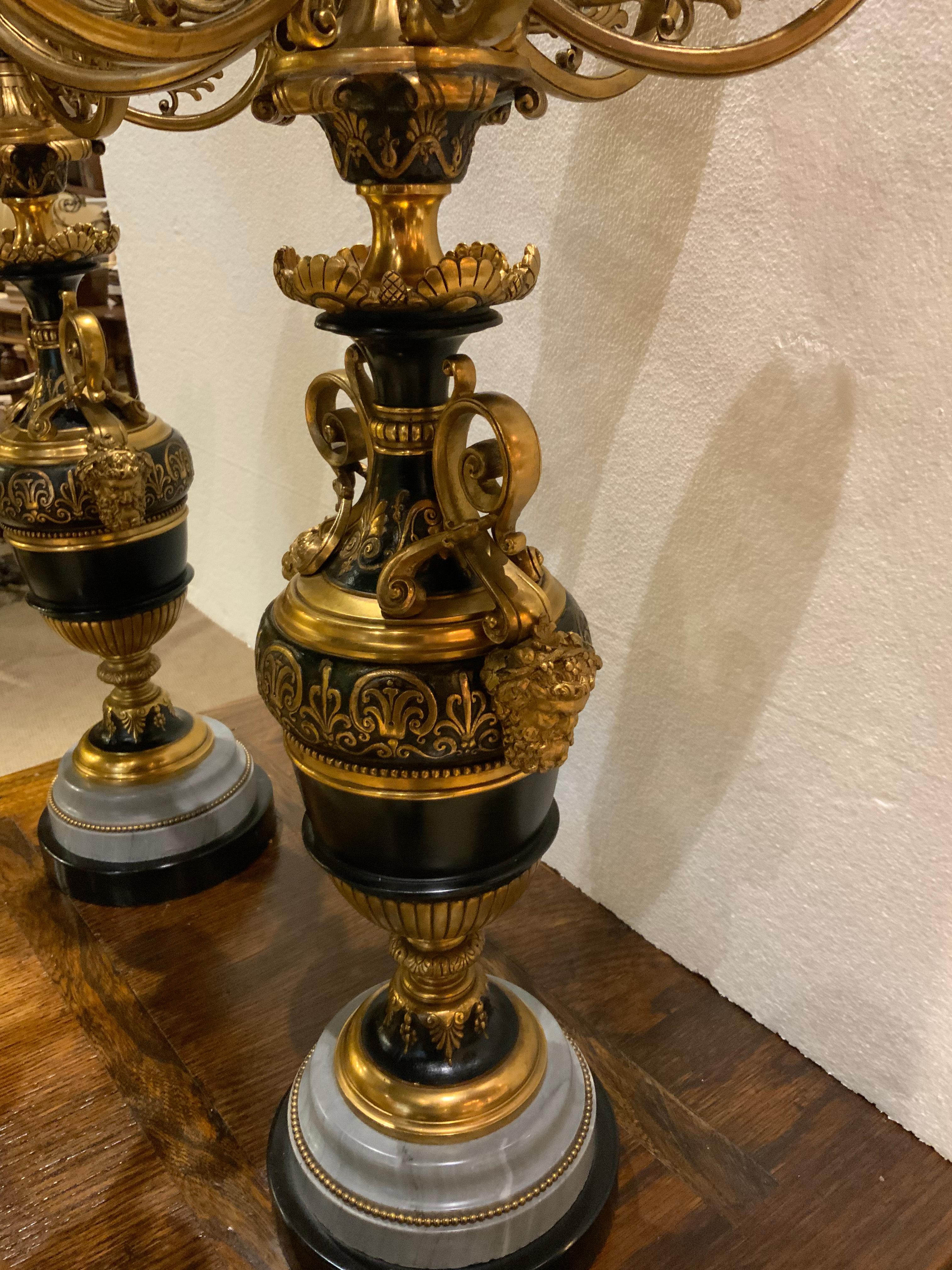 Pair of French 19th C. Candleabra Bronze Dore Et Patine, Marble and Black Base For Sale 3