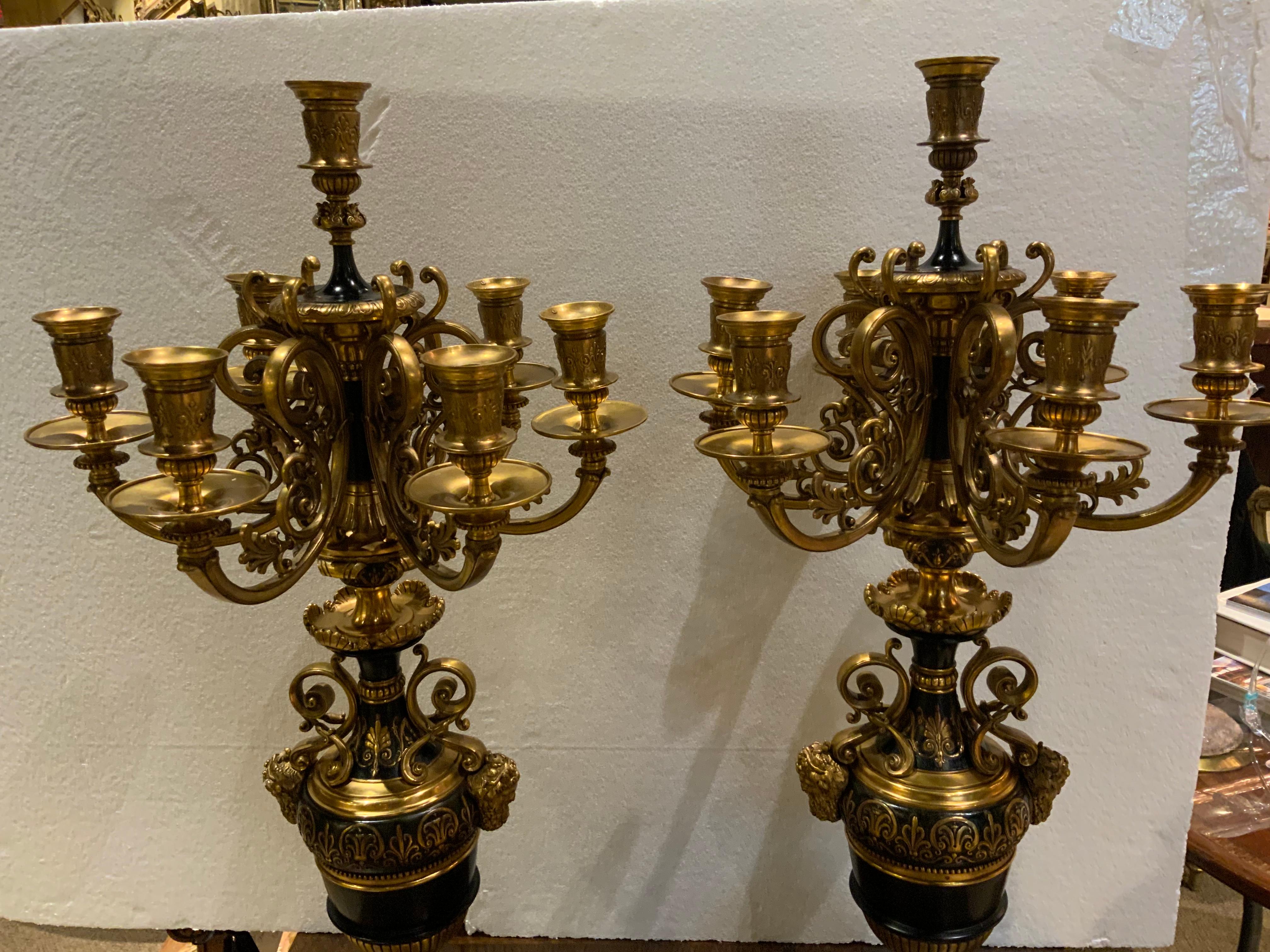 Pair of French 19th C. Candleabra Bronze Dore Et Patine, Marble and Black Base For Sale 4