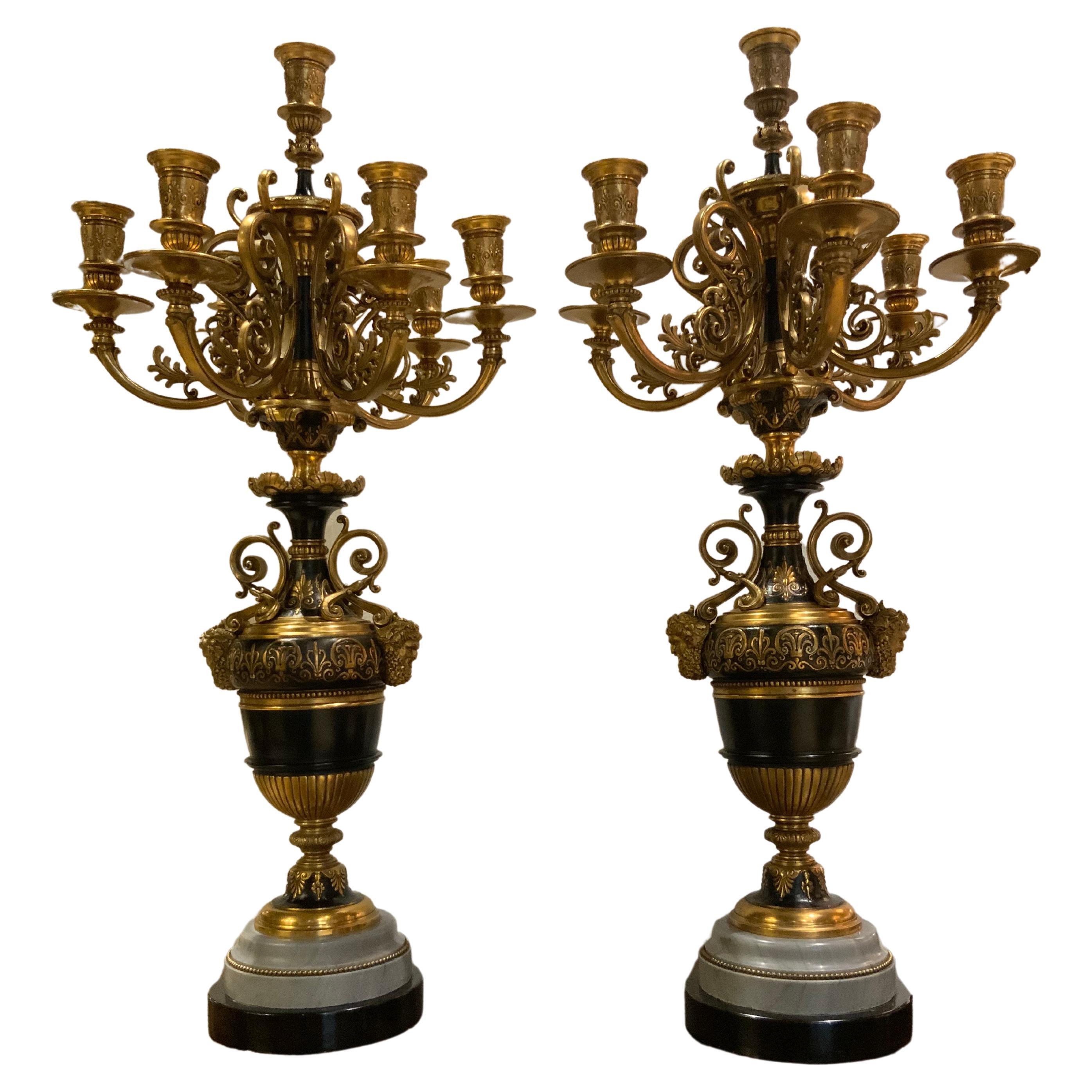 Pair of French 19th C. Candleabra Bronze Dore Et Patine, Marble and Black Base For Sale