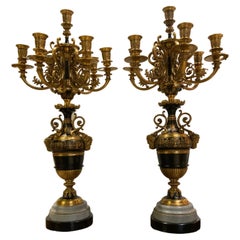 Pair of French 19th C. Candleabra Bronze Dore Et Patine, Marble and Black Base