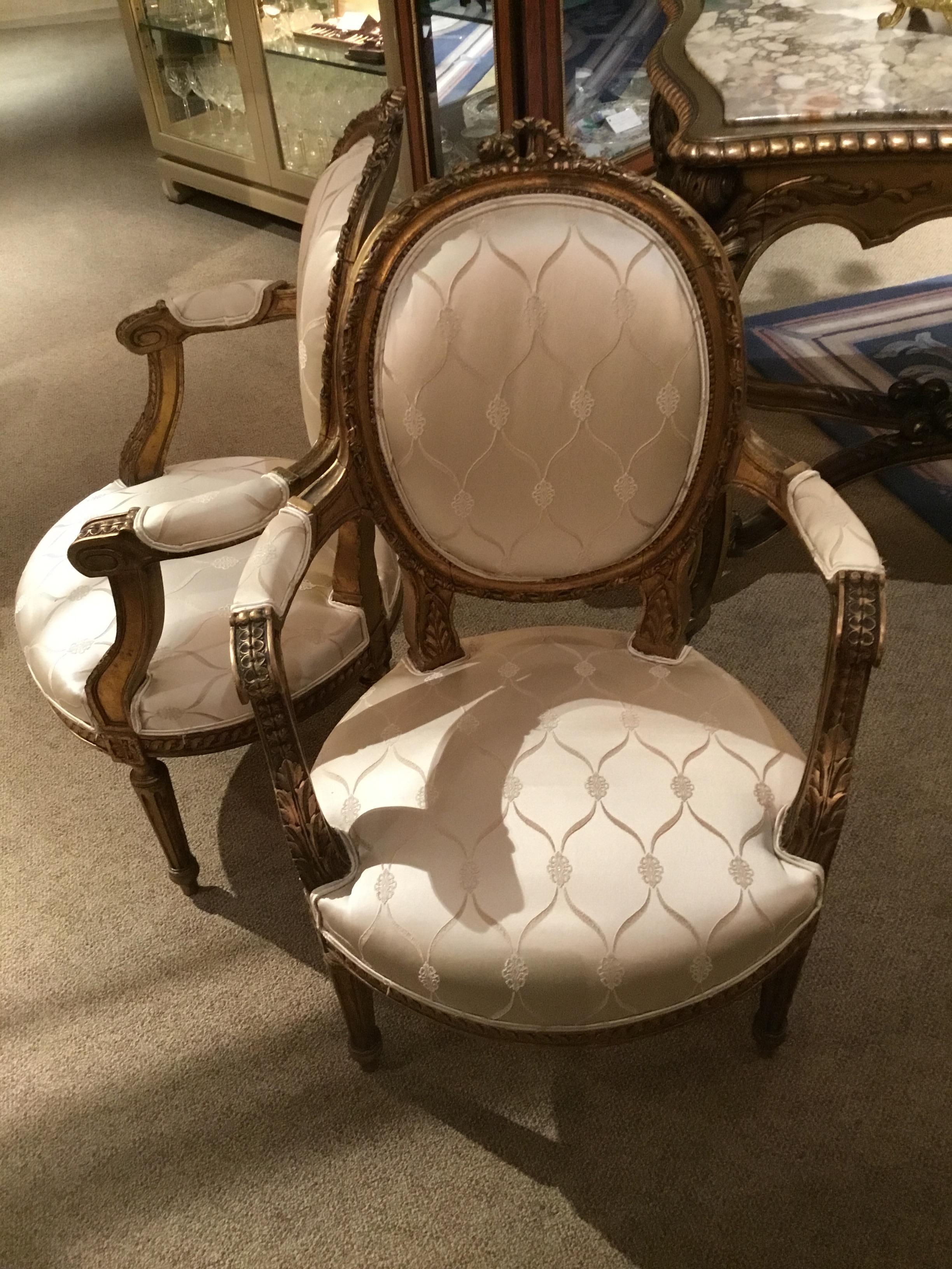 Pair of French 19th Century Giltwood Louis XVI-Style Armchairs White Silk Fabric 7