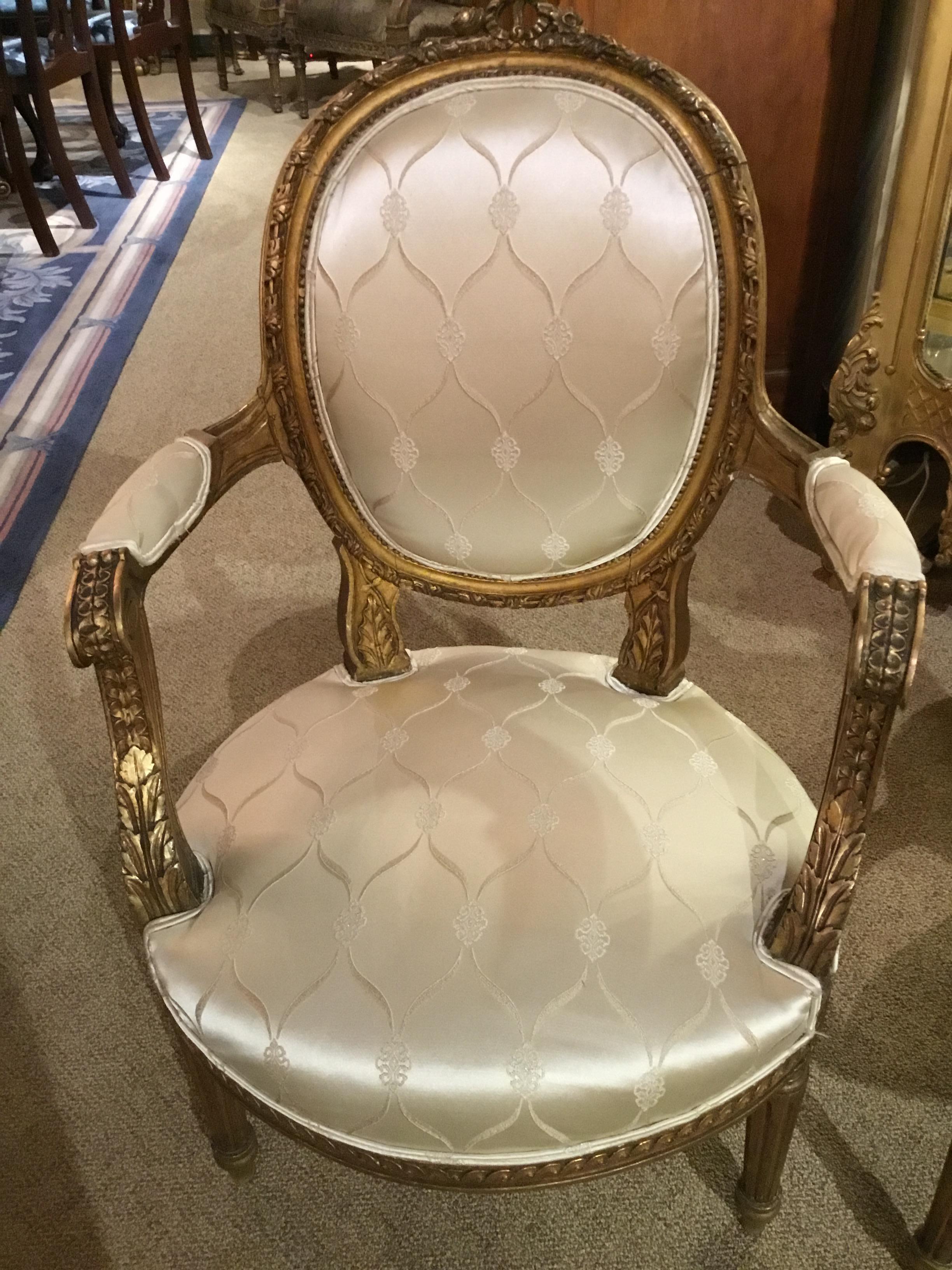 Pair of French 19th Century Giltwood Louis XVI-Style Armchairs White Silk Fabric In Good Condition In Houston, TX