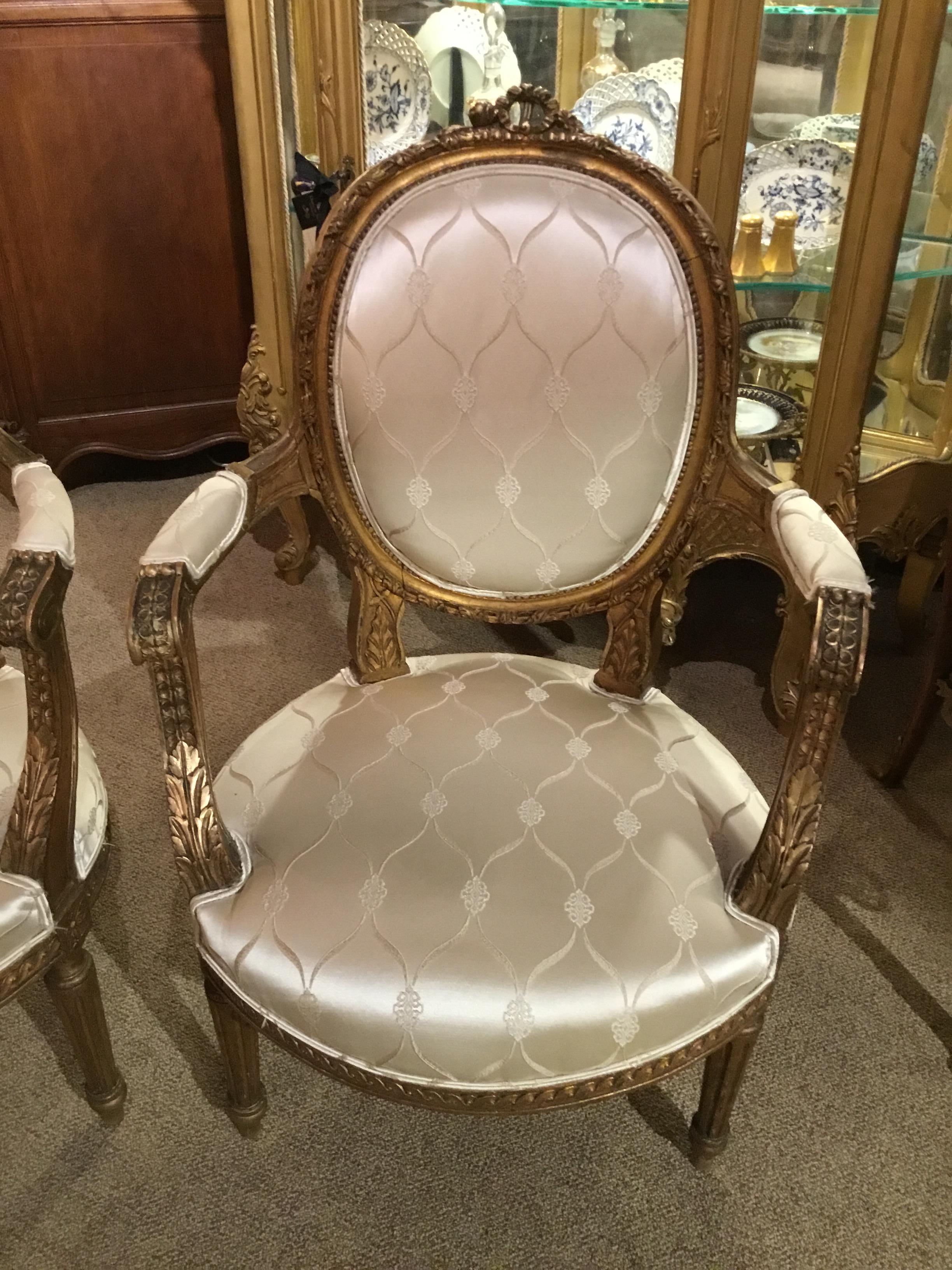 Pair of French 19th Century Giltwood Louis XVI-Style Armchairs White Silk Fabric 1