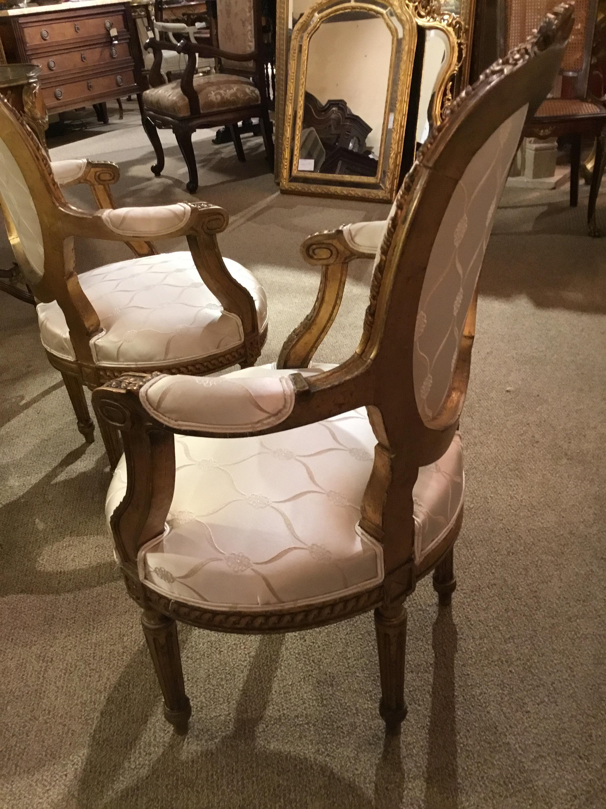 Pair of French 19th Century Giltwood Louis XVI-Style Armchairs White Silk Fabric 2