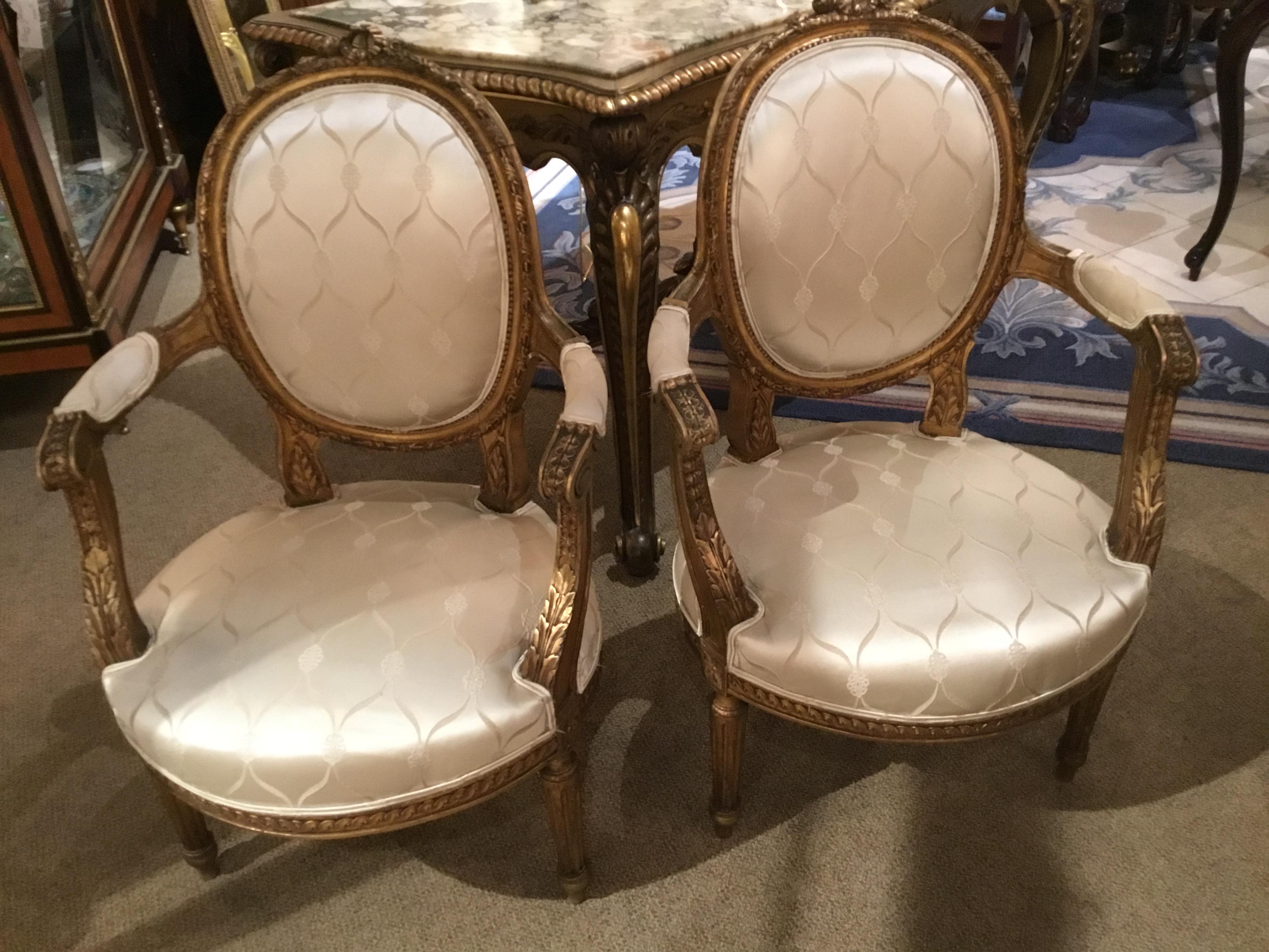 Pair of French 19th Century Giltwood Louis XVI-Style Armchairs White Silk Fabric 3