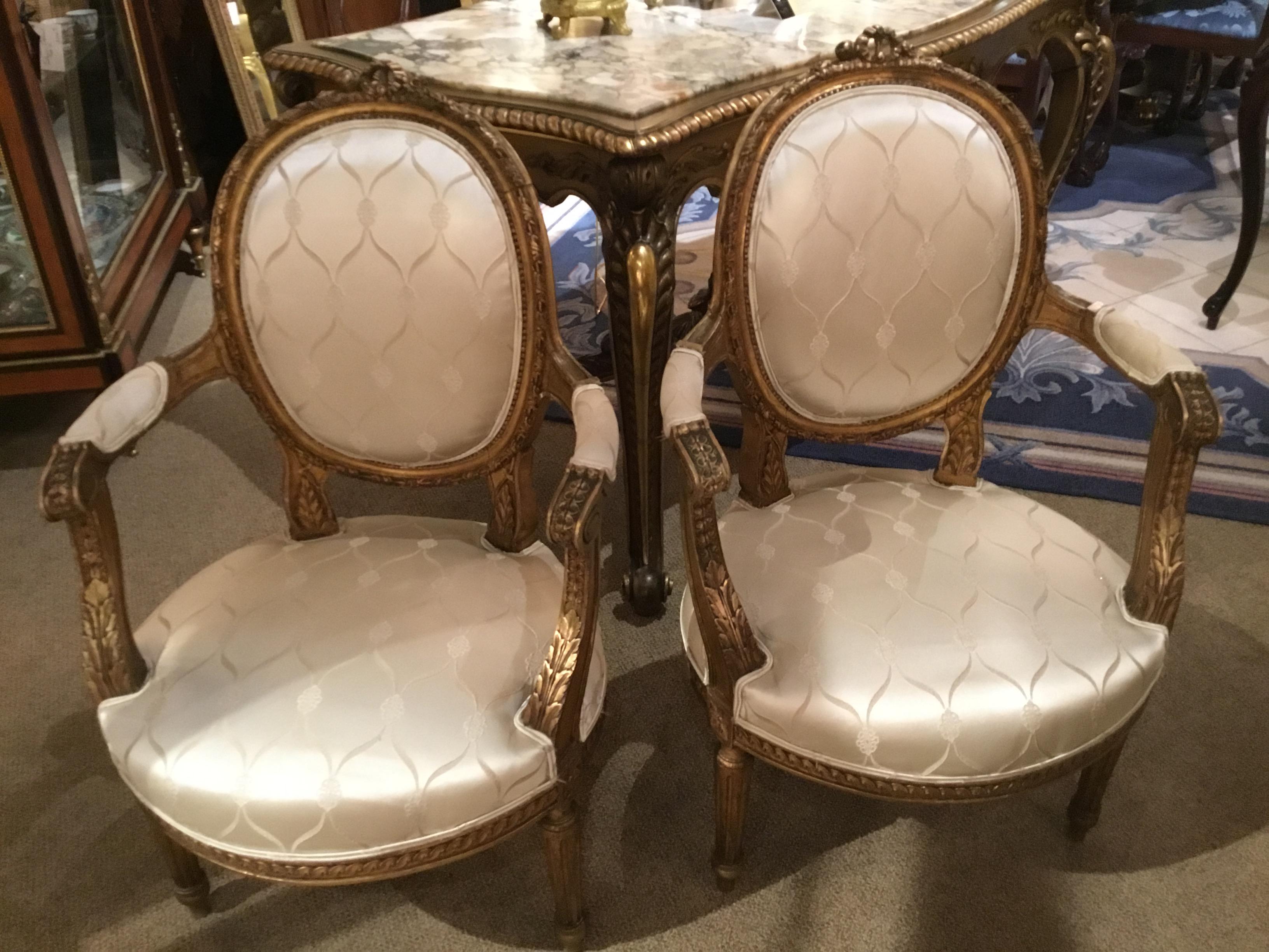 Pair of French 19th Century Giltwood Louis XVI-Style Armchairs White Silk Fabric 4