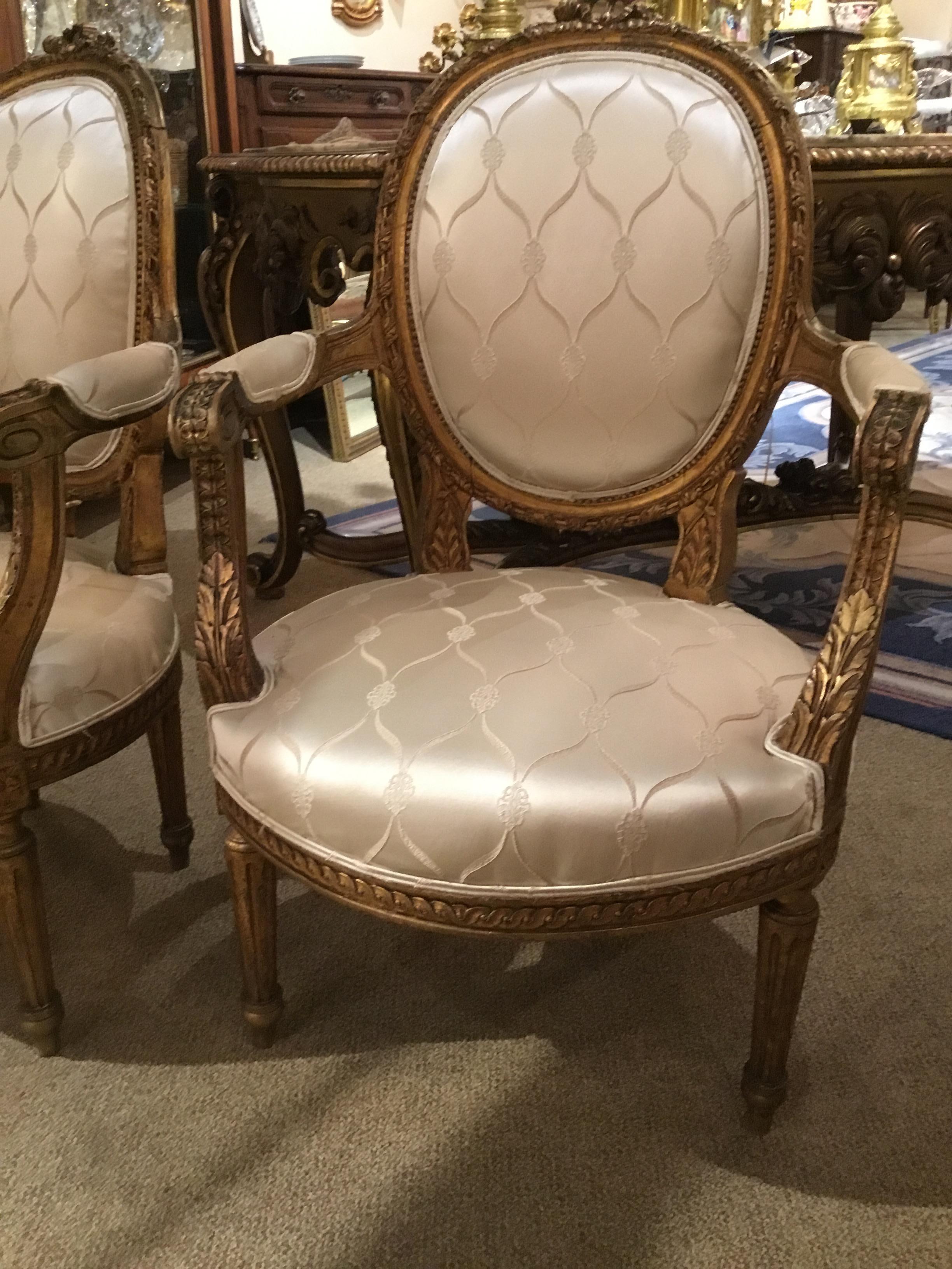 Pair of French 19th Century Giltwood Louis XVI-Style Armchairs White Silk Fabric 5