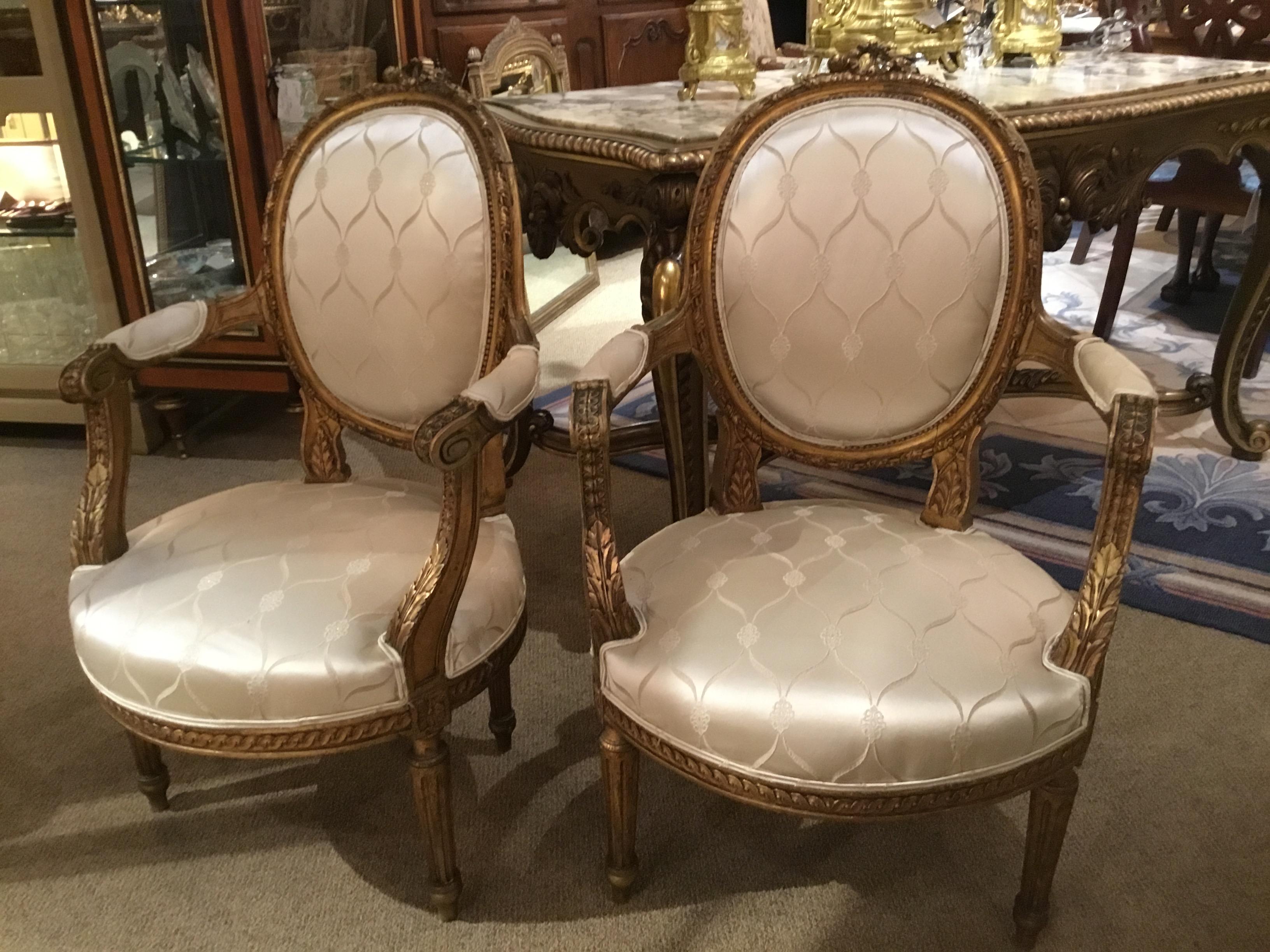 Pair of French 19th Century Giltwood Louis XVI-Style Armchairs White Silk Fabric 6