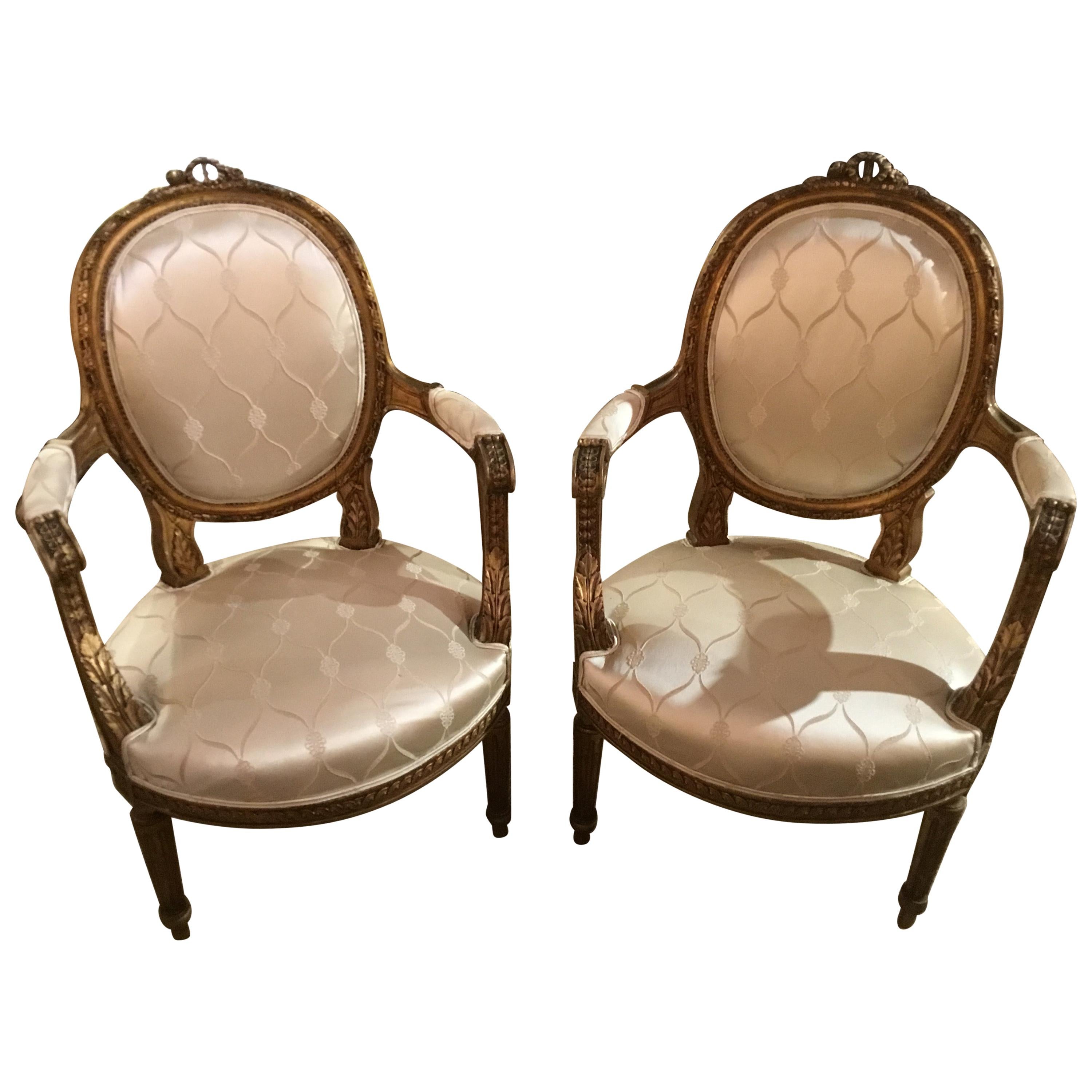 Pair of French 19th Century Giltwood Louis XVI-Style Armchairs White Silk Fabric