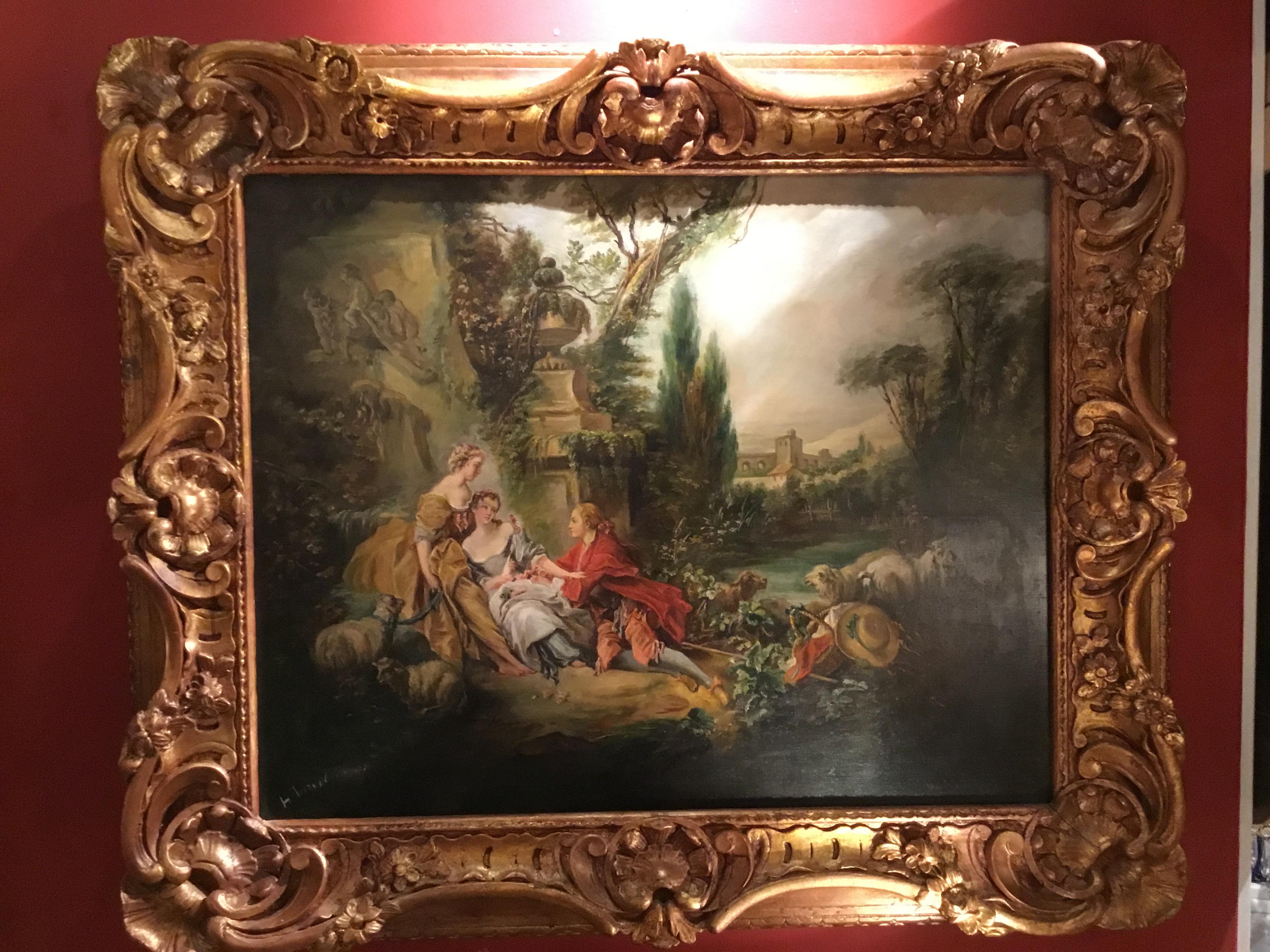 Pair of exquisite paintings after Francois Boucher. Signed illegibly in lower left. The frames
Are heavily carved and gilt in a medium tone gold. Boucher was a highly
Admired artist of the 18th century. His work was very popular with the