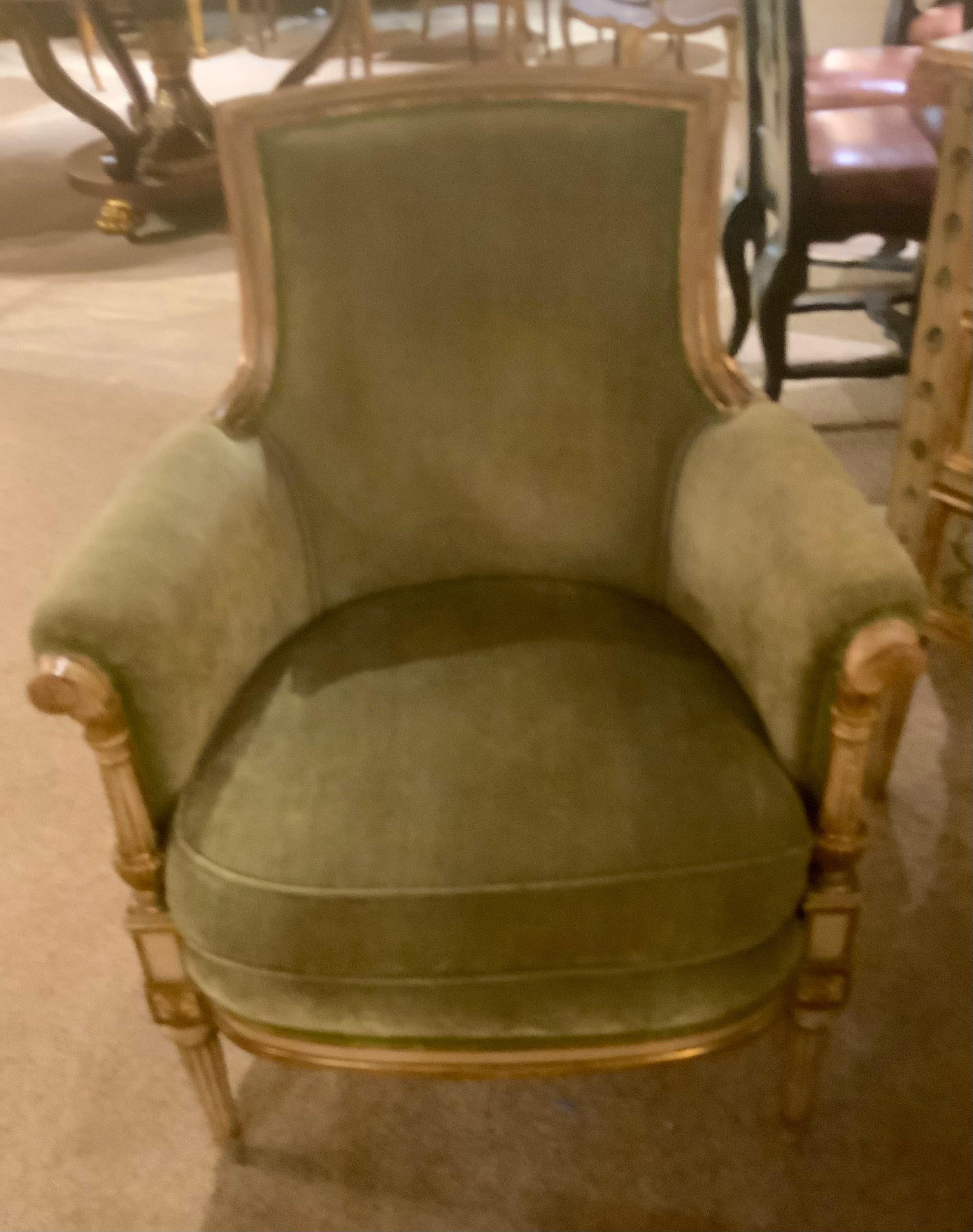 These chairs are a great example of true bergere chairs
From France. The finish is original in parcel paint
And parcel gilt finish. The patina is a great example of
The wear that is expected of this period. The fabric is in
Very good condition and