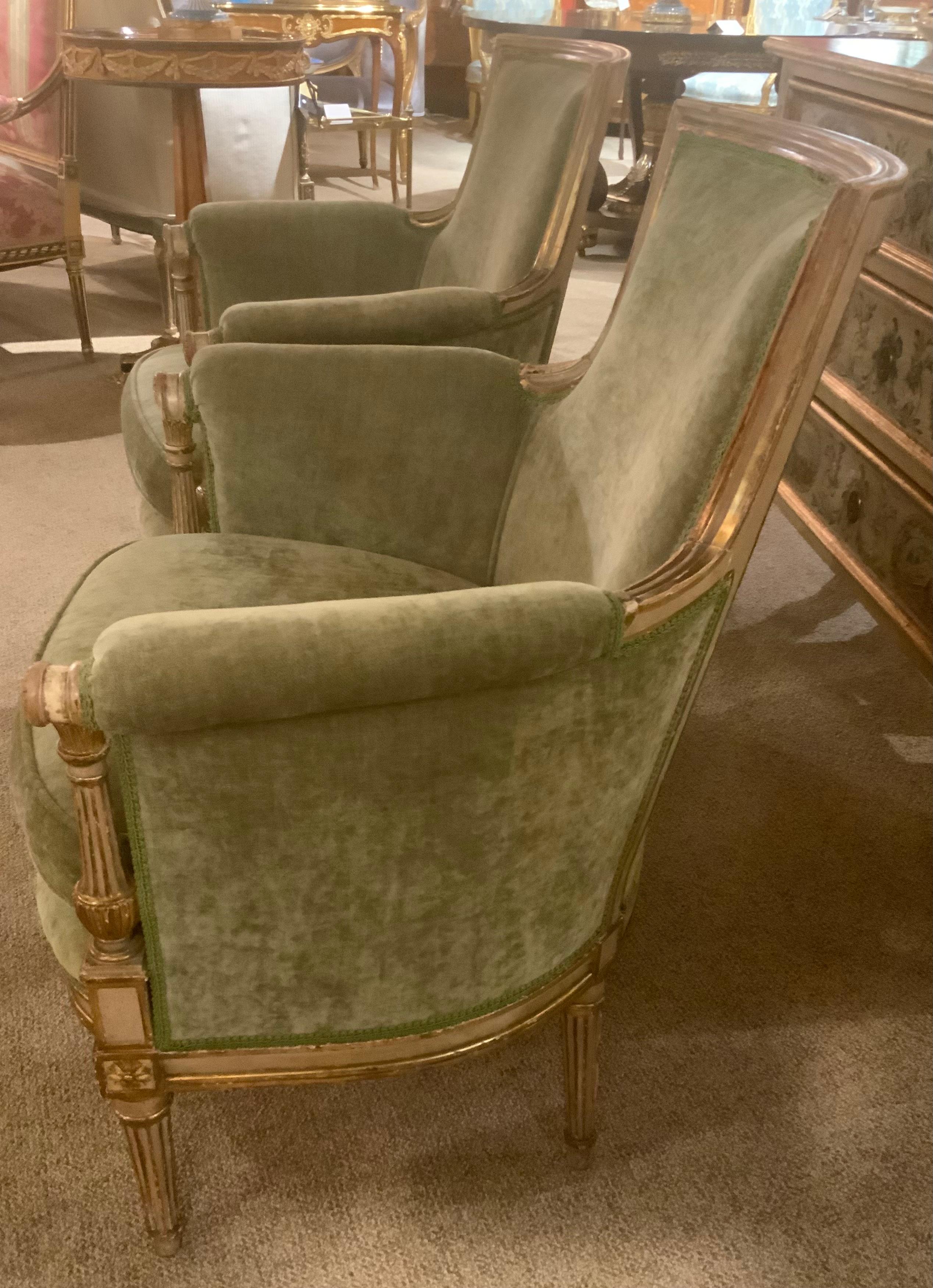 Pair of French 19 th c. Parcel gilt and paint chairs In Excellent Condition For Sale In Houston, TX