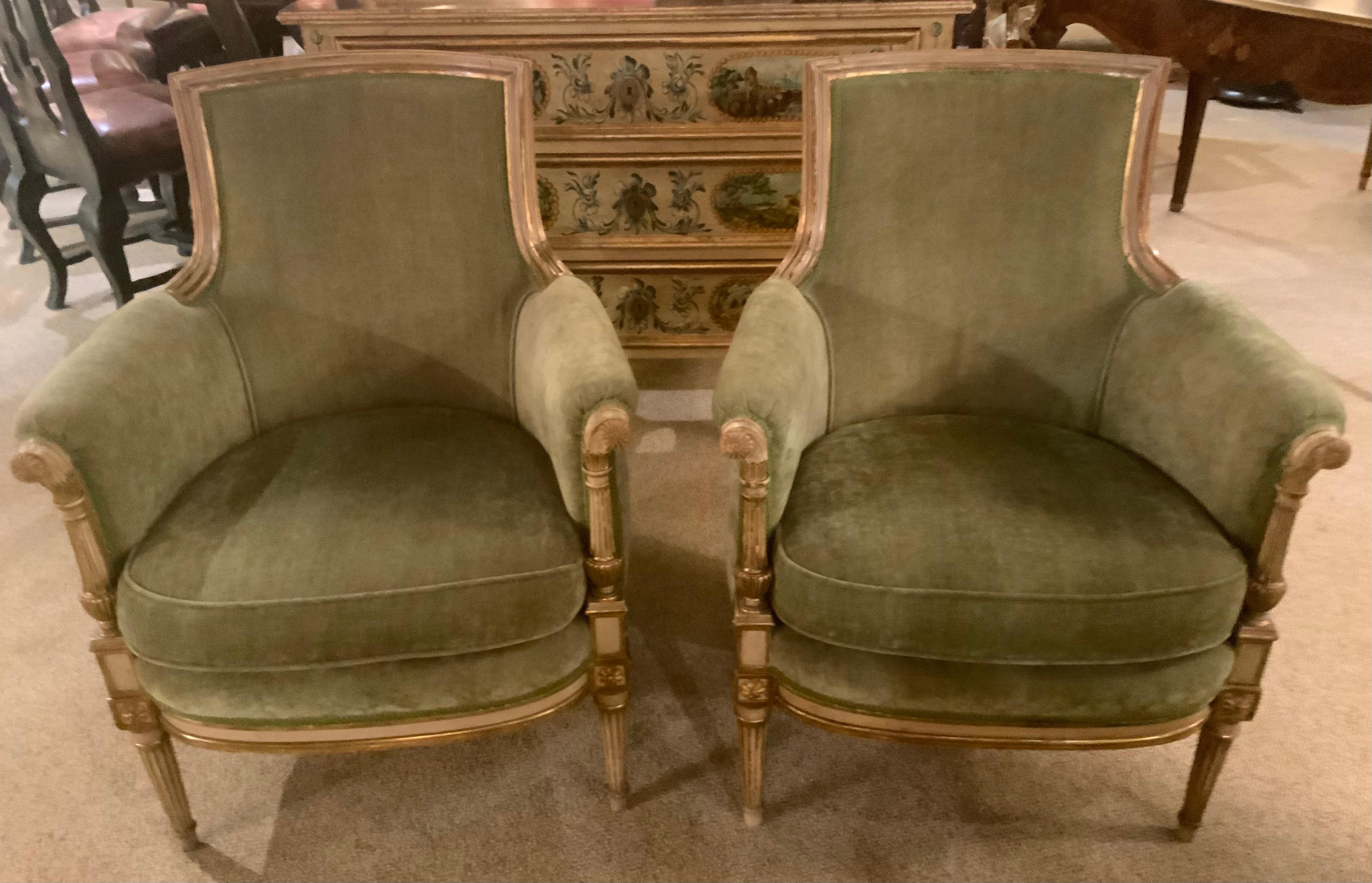 Giltwood Pair of French 19 th c. Parcel gilt and paint chairs