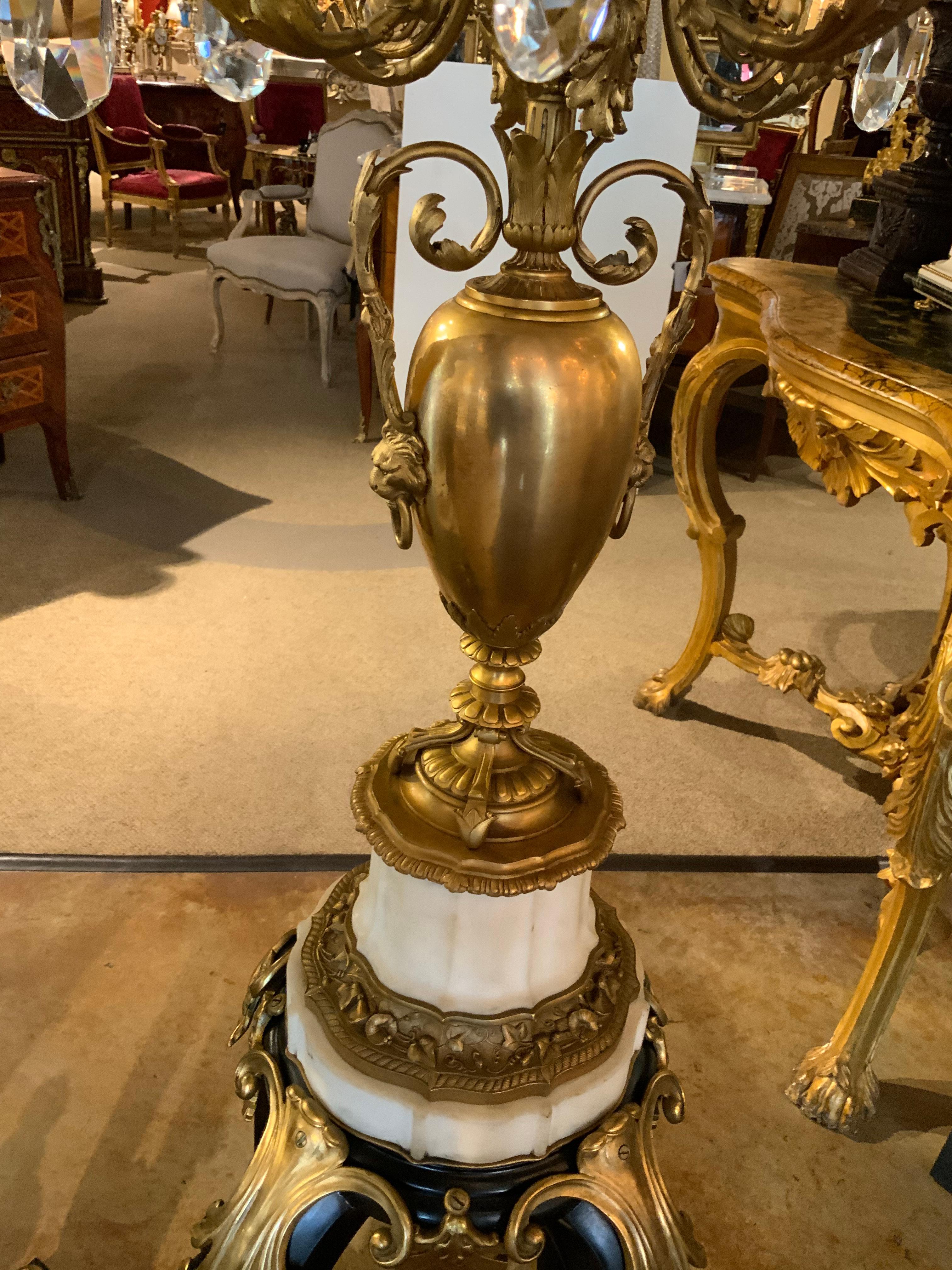 Pair of French 19th C. Torchiers, Gilt Bronze Marble and Crystal In Excellent Condition For Sale In Houston, TX