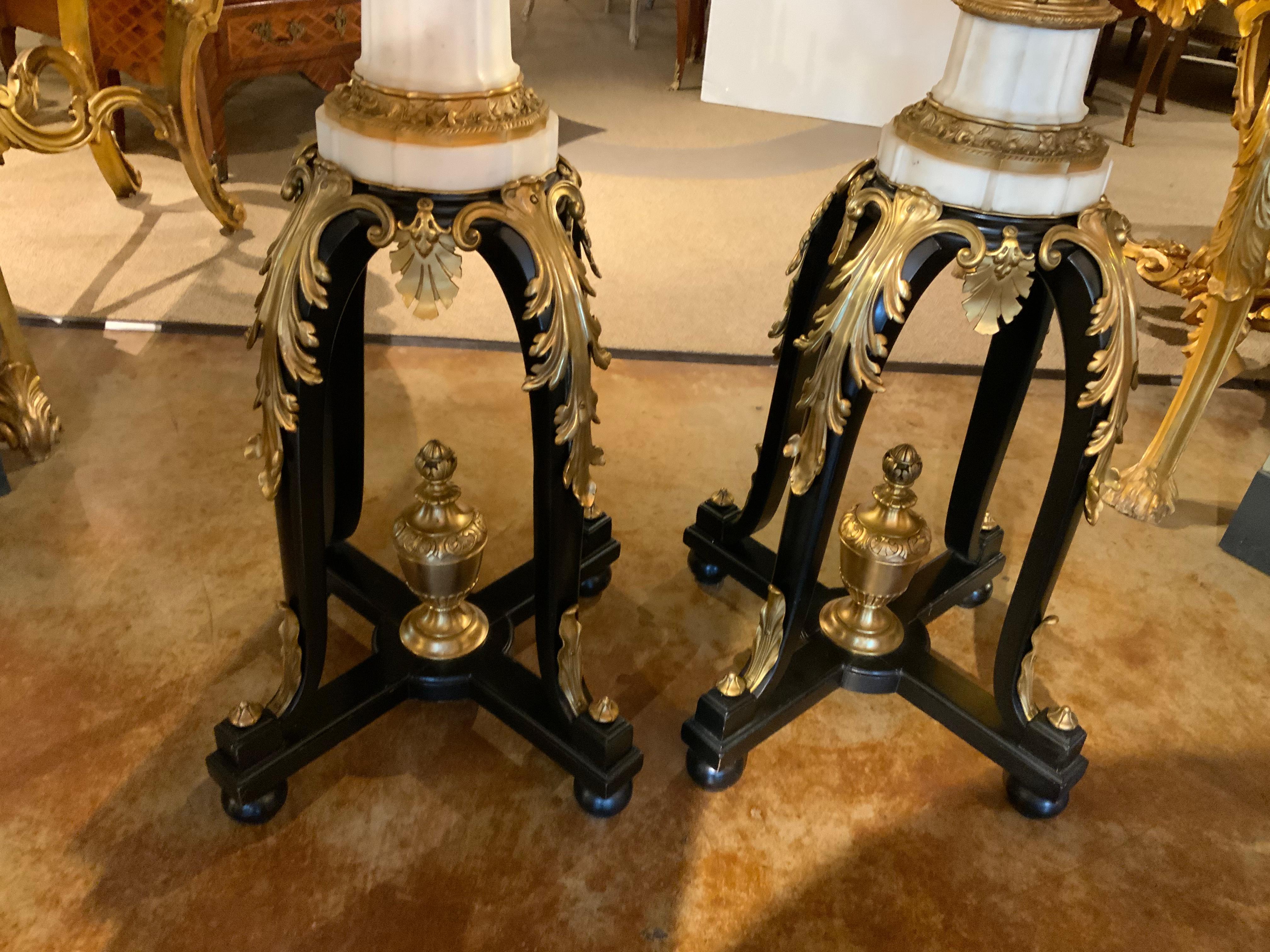 19th Century Pair of French 19th C. Torchiers, Gilt Bronze Marble and Crystal For Sale