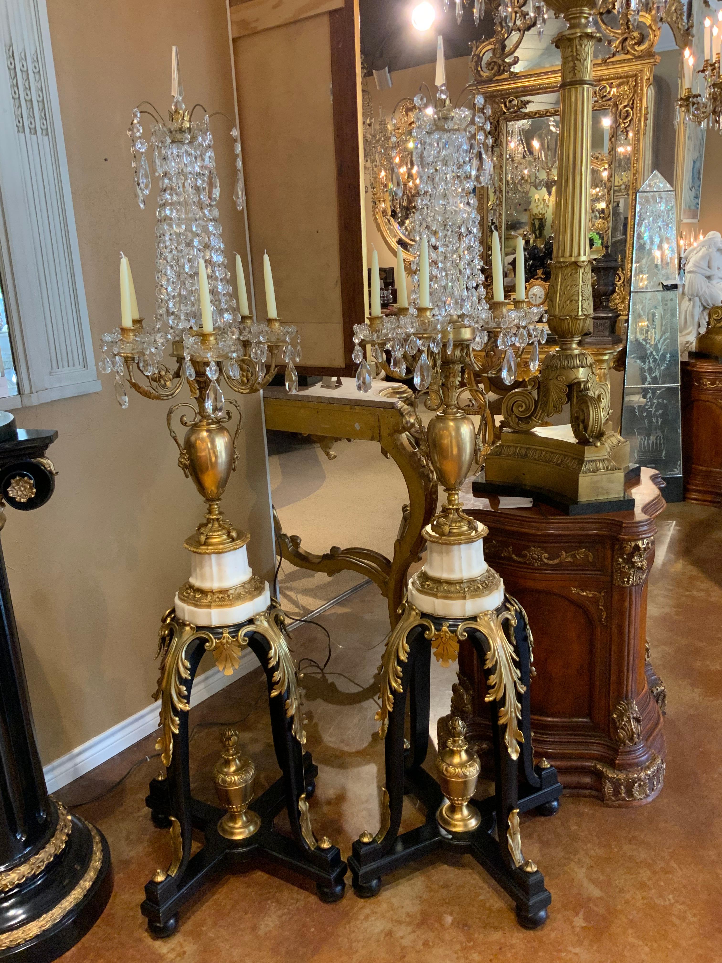 Pair of French 19th C. Torchiers, Gilt Bronze Marble and Crystal For Sale 1