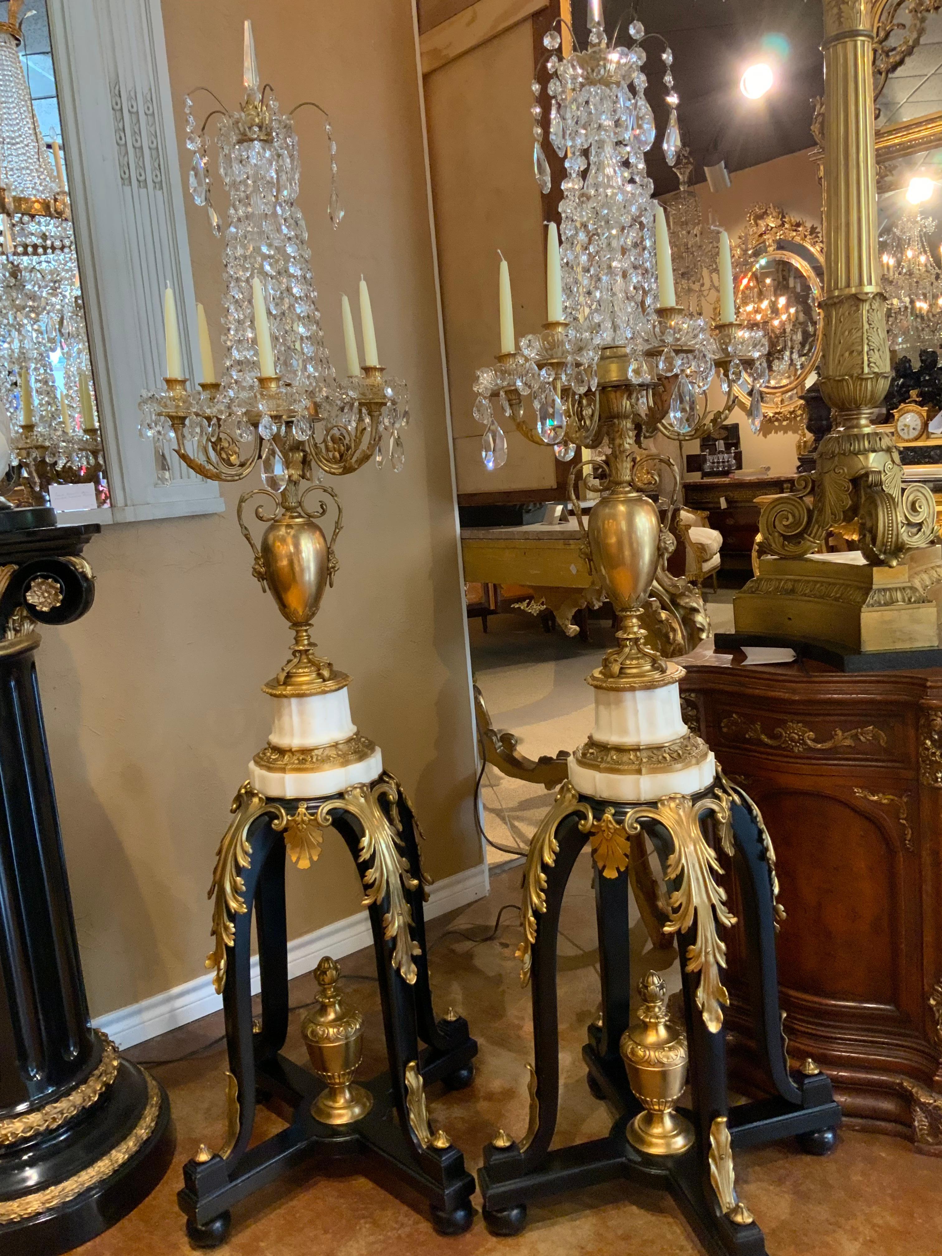 Pair of French 19th C. Torchiers, Gilt Bronze Marble and Crystal For Sale 3