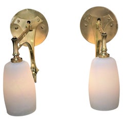 Pair of French 1900 Arts & Craft Bronze and Glass Wall Sconces