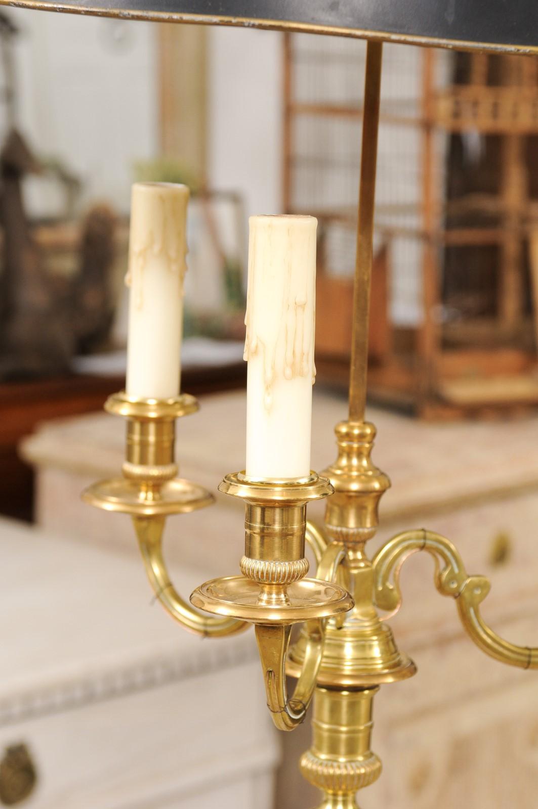Pair of French 1900s Bronze Bouillotte Lamps with Candelabras and Tôle Shades 7