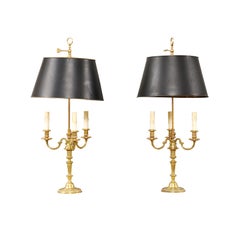 Pair of French 1900s Bronze Bouillotte Lamps with Candelabras and Tôle Shades