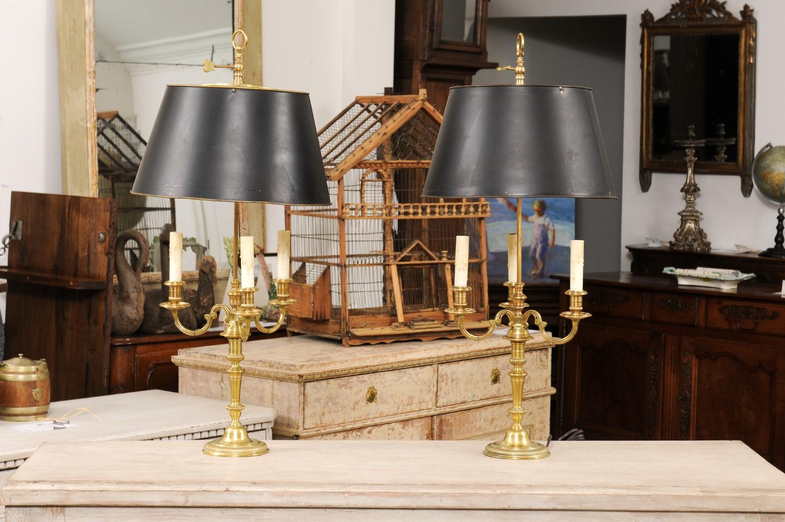 Painted Pair of French 1900s Bronze Bouillotte Lamps with Candelabras and Tôle Shades